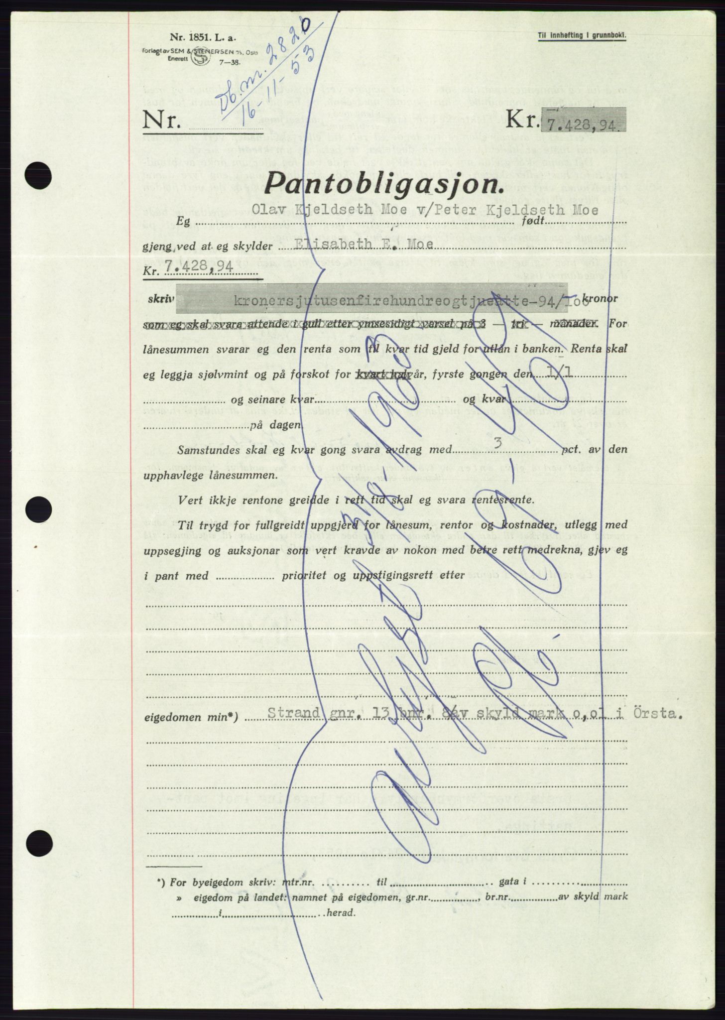 Søre Sunnmøre sorenskriveri, AV/SAT-A-4122/1/2/2C/L0124: Pantebok nr. 12B, 1953-1954, Dagboknr: 2820/1953