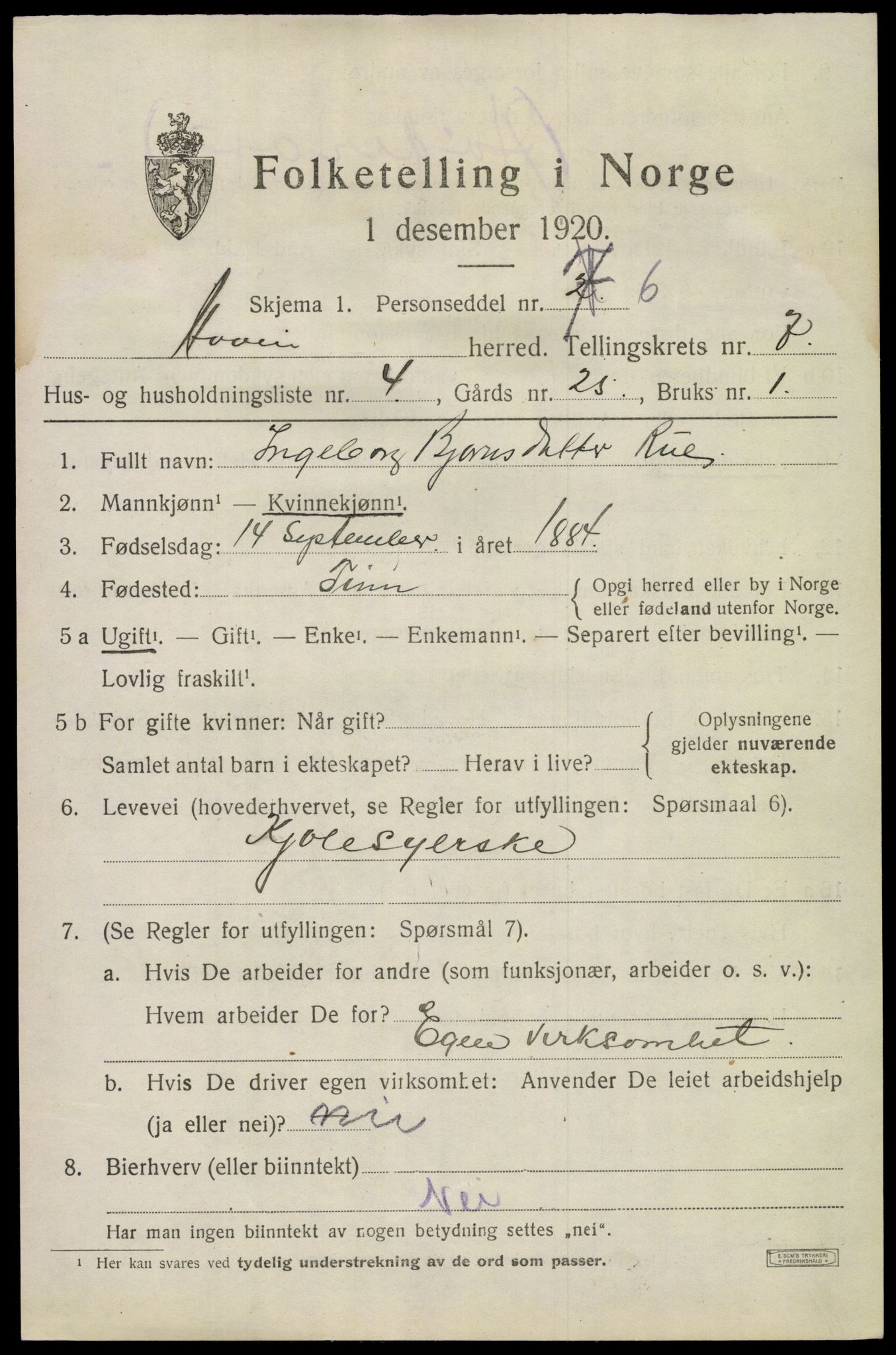 SAKO, Folketelling 1920 for 0825 Hovin herred, 1920, s. 1739