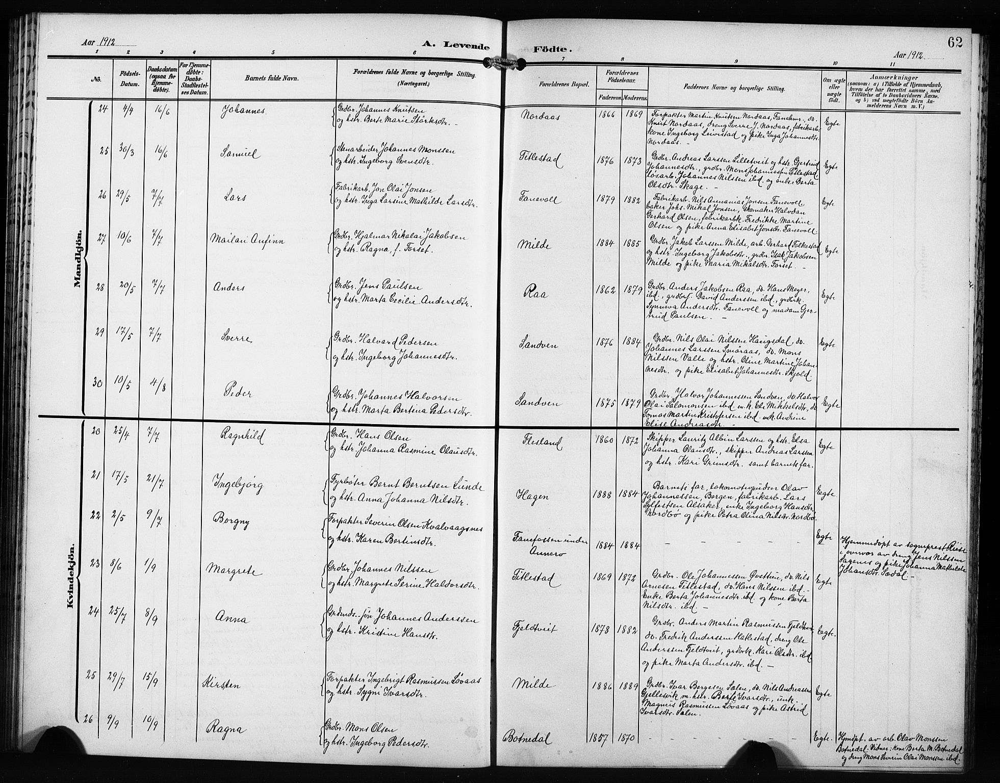 Fana Sokneprestembete, AV/SAB-A-75101/H/Hab/Haba/L0004: Klokkerbok nr. A 4, 1902-1912, s. 62