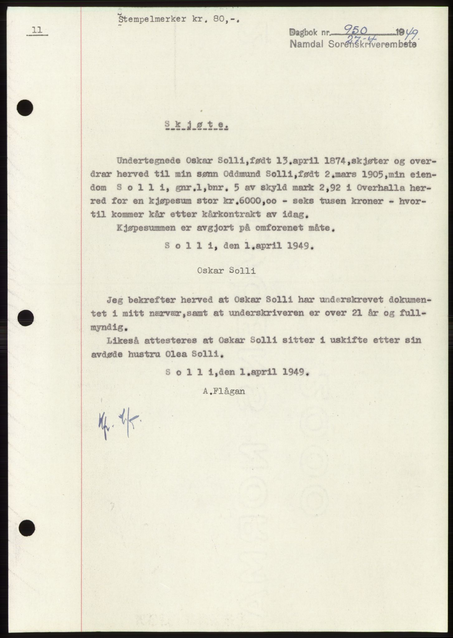 Namdal sorenskriveri, SAT/A-4133/1/2/2C: Pantebok nr. -, 1949-1949, Dagboknr: 950/1949