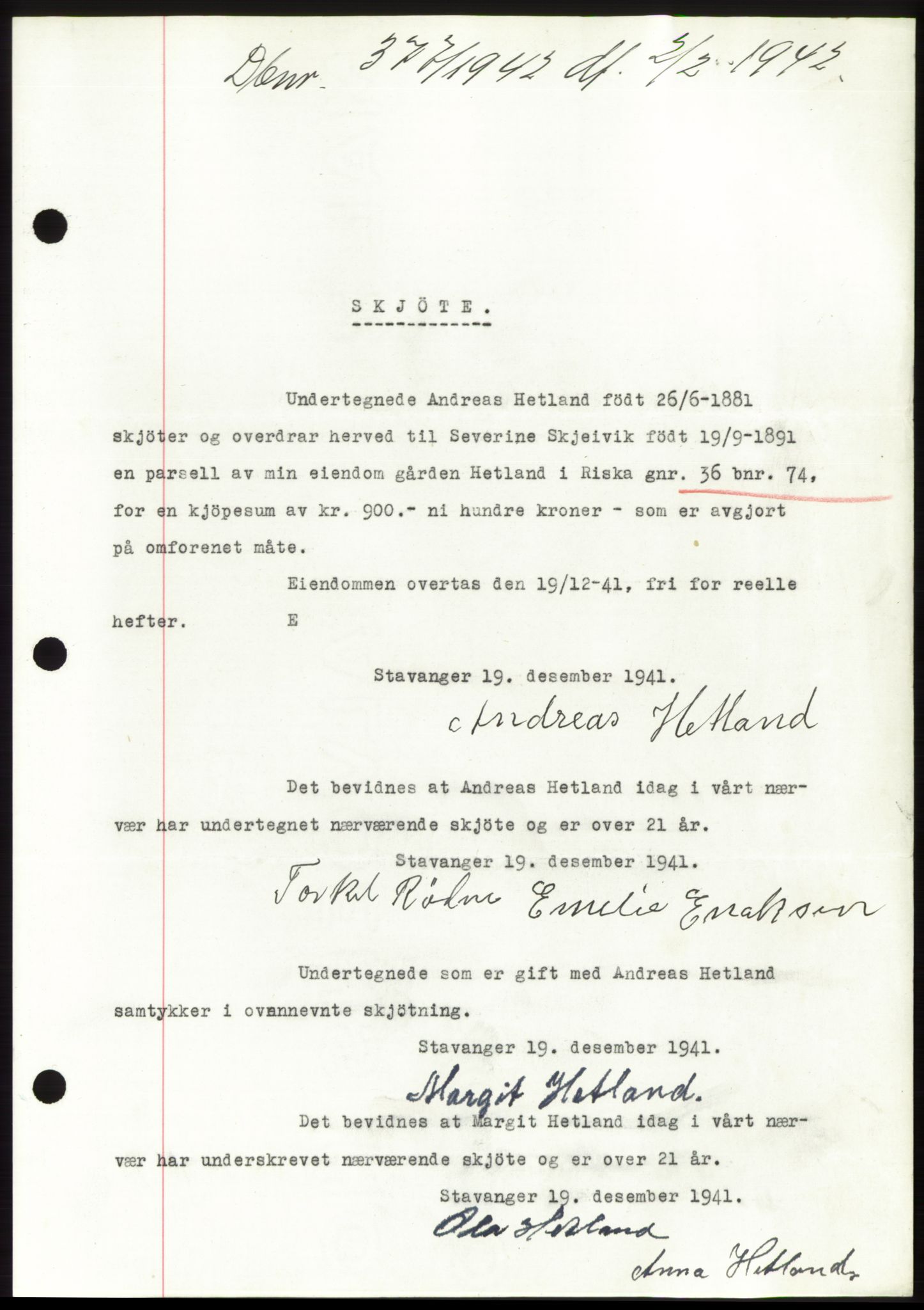 Jæren sorenskriveri, SAST/A-100310/03/G/Gba/L0082: Pantebok, 1942-1942, Dagboknr: 377/1942