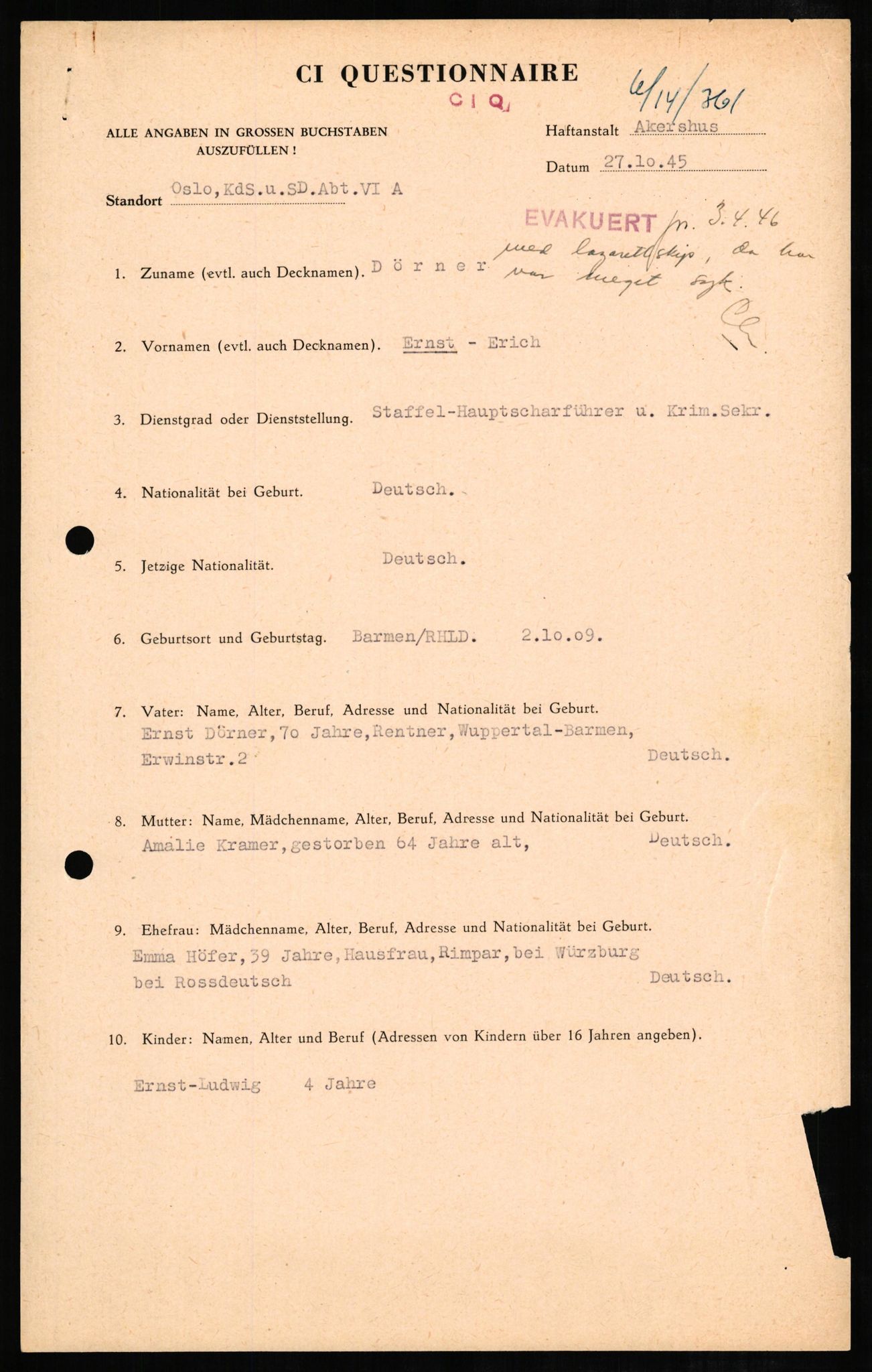 Forsvaret, Forsvarets overkommando II, AV/RA-RAFA-3915/D/Db/L0006: CI Questionaires. Tyske okkupasjonsstyrker i Norge. Tyskere., 1945-1946, s. 396