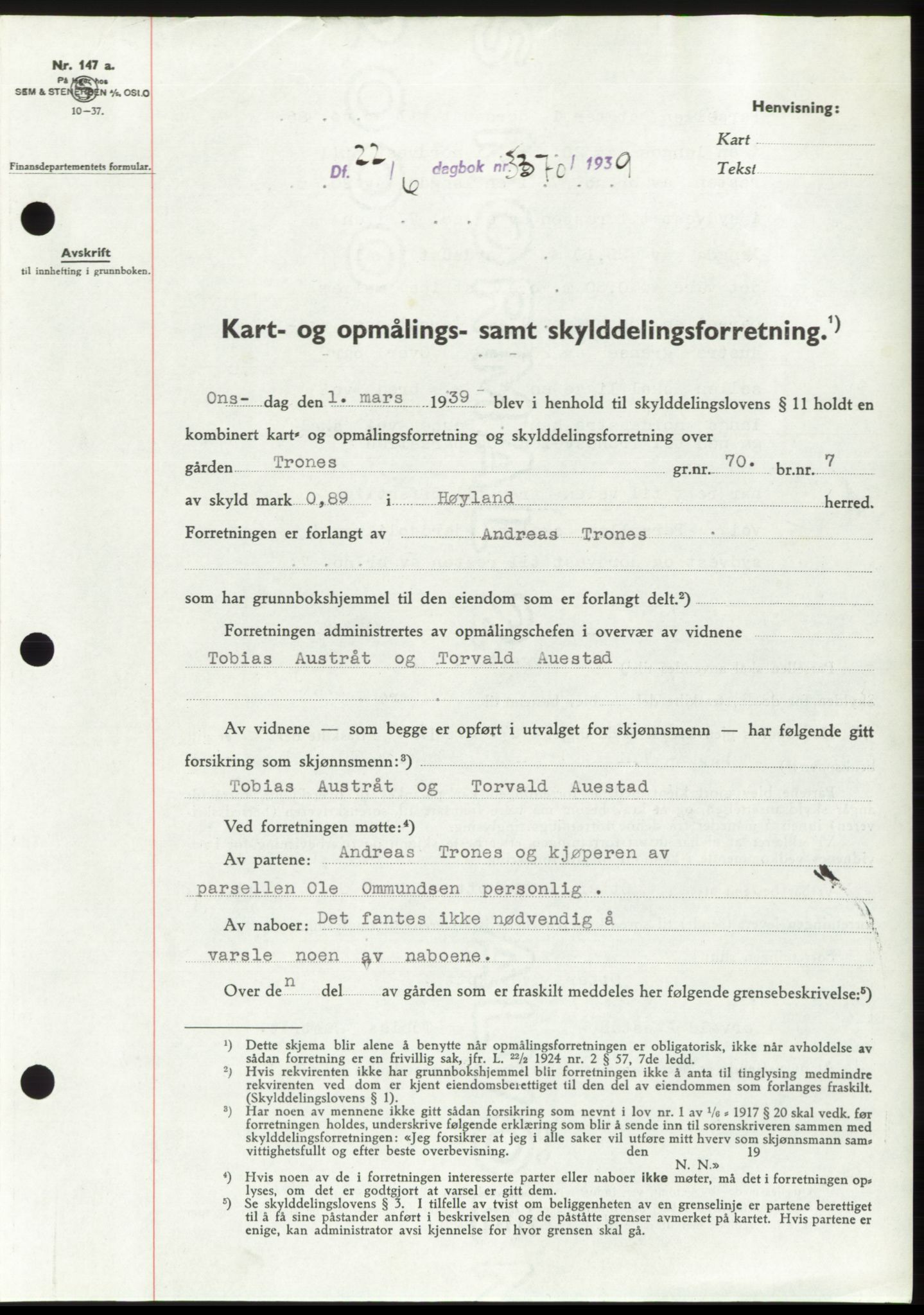 Jæren sorenskriveri, SAST/A-100310/03/G/Gba/L0074: Pantebok, 1939-1939, Dagboknr: 3370/1939