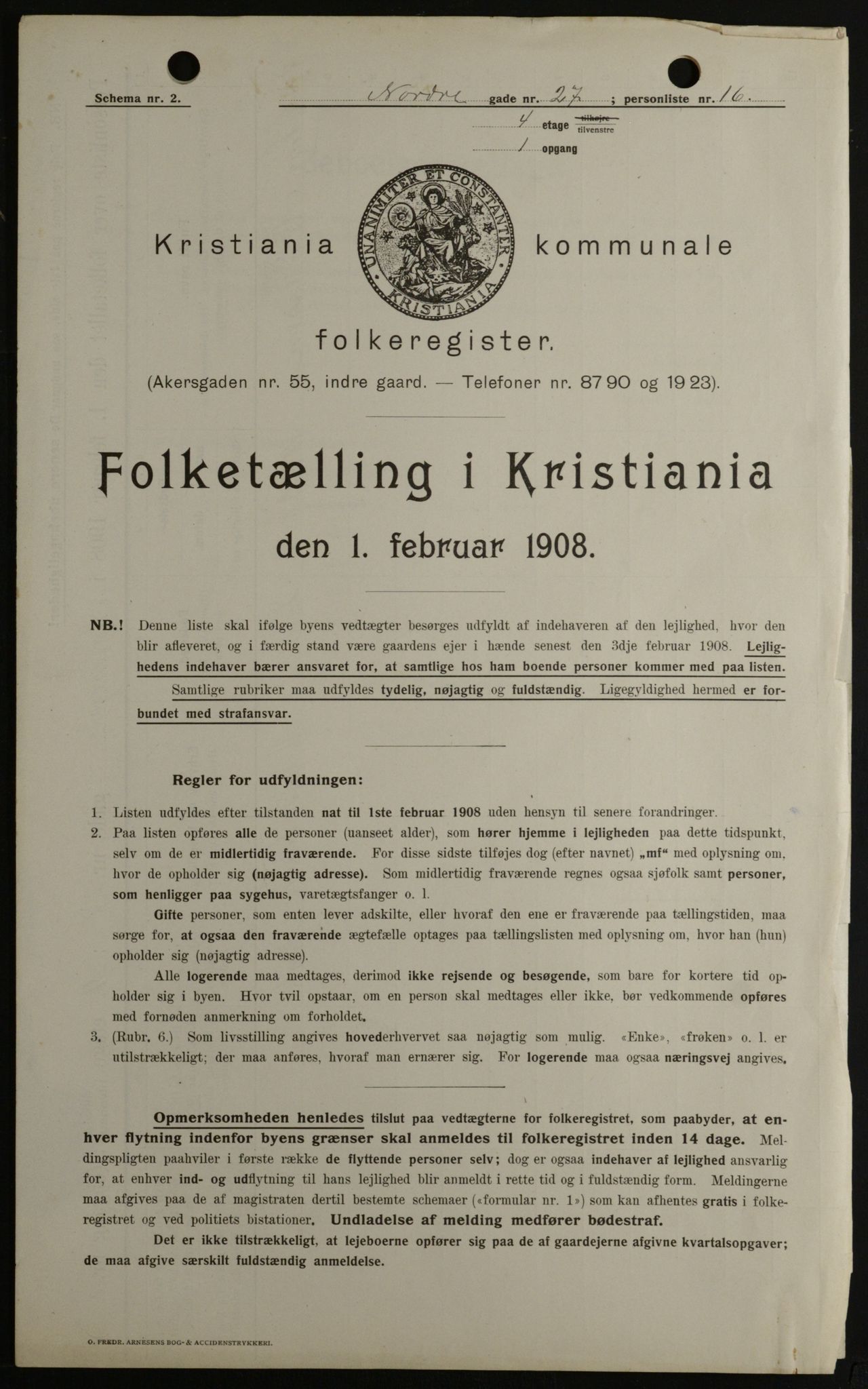 OBA, Kommunal folketelling 1.2.1908 for Kristiania kjøpstad, 1908, s. 65908