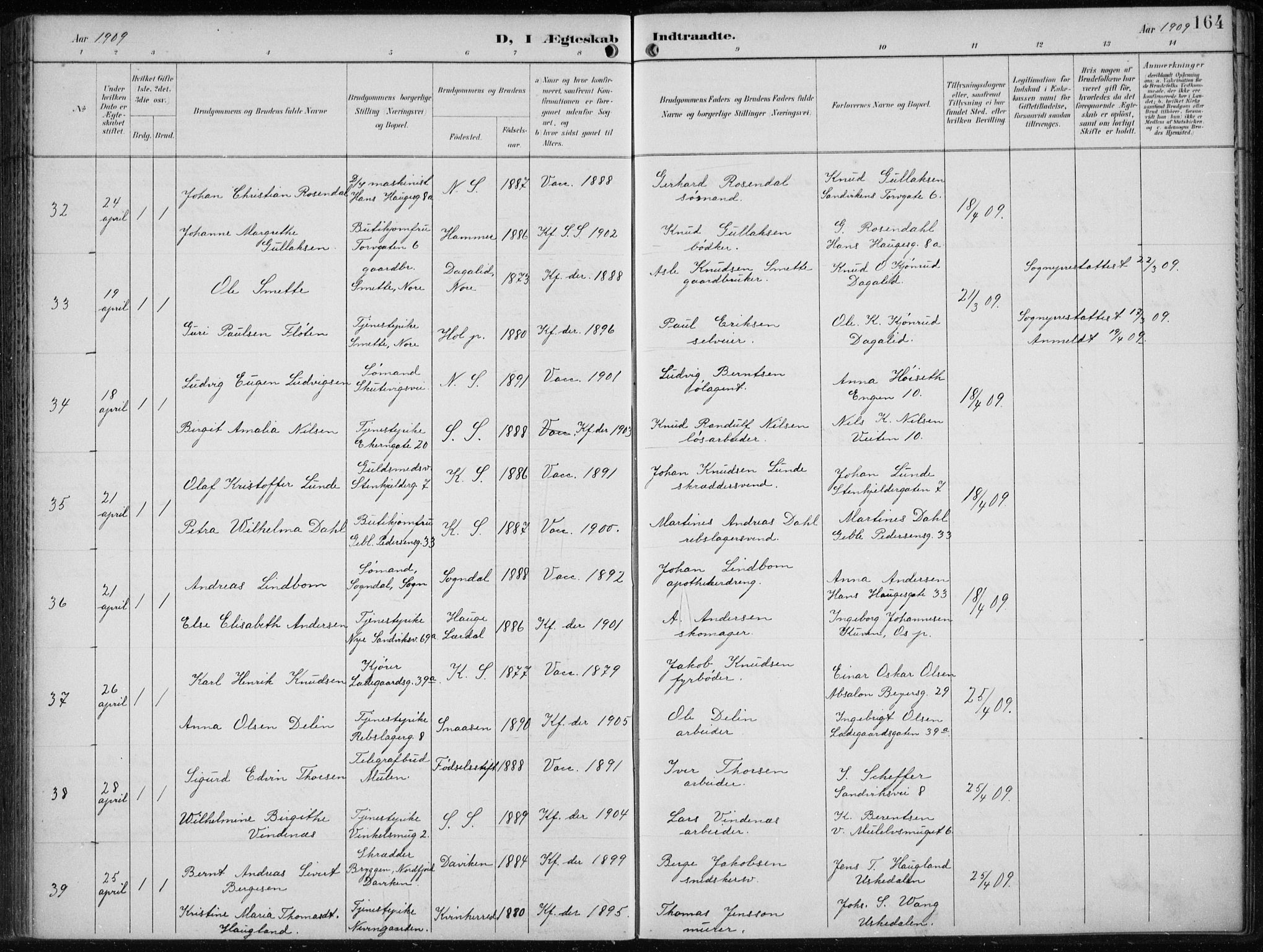 Sandviken Sokneprestembete, AV/SAB-A-77601/H/Ha/L0014: Ministerialbok nr. D 1, 1896-1911, s. 164