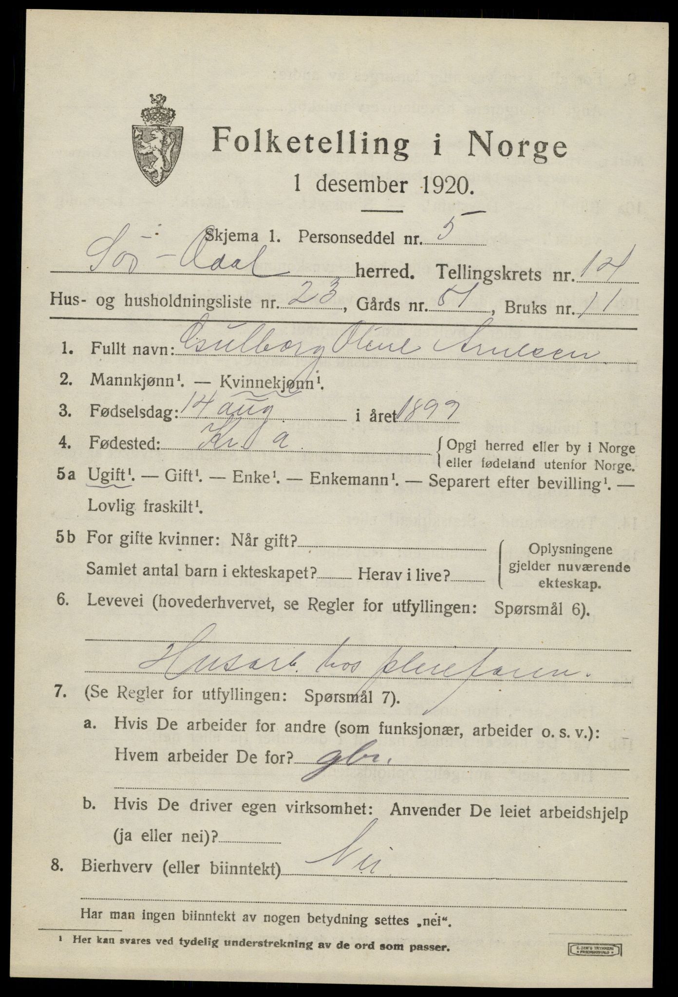 SAH, Folketelling 1920 for 0419 Sør-Odal herred, 1920, s. 14191