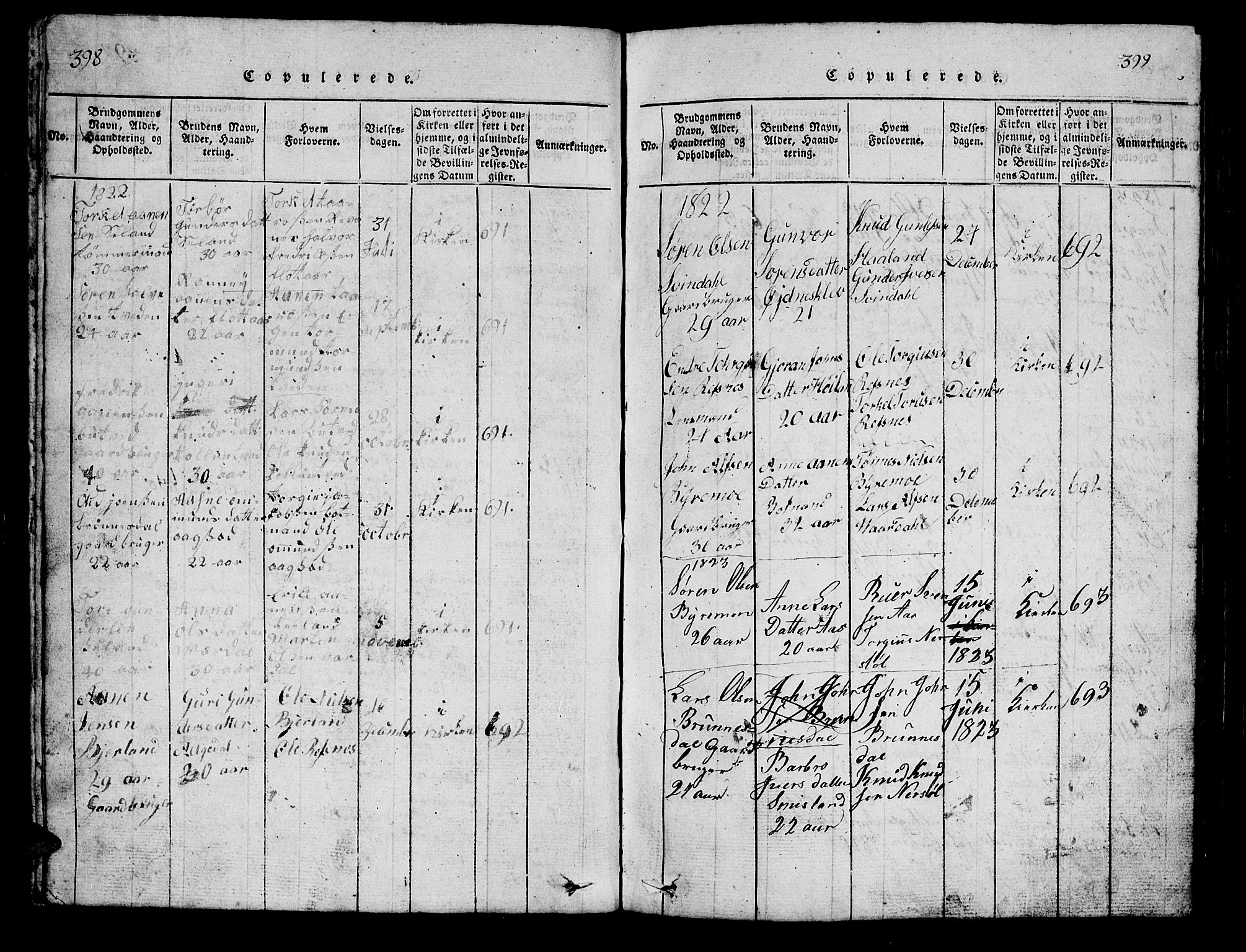 Bjelland sokneprestkontor, AV/SAK-1111-0005/F/Fb/Fbc/L0001: Klokkerbok nr. B 1, 1815-1870, s. 398-399