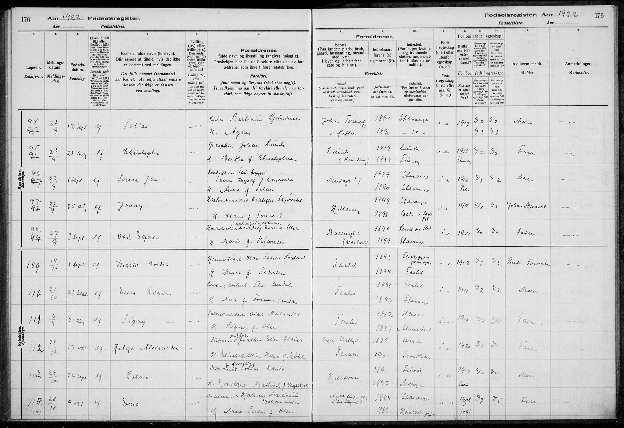 Hetland sokneprestkontor, AV/SAST-A-101826/70/704BA/L0003: Fødselsregister nr. 1, 1916-1923, s. 176