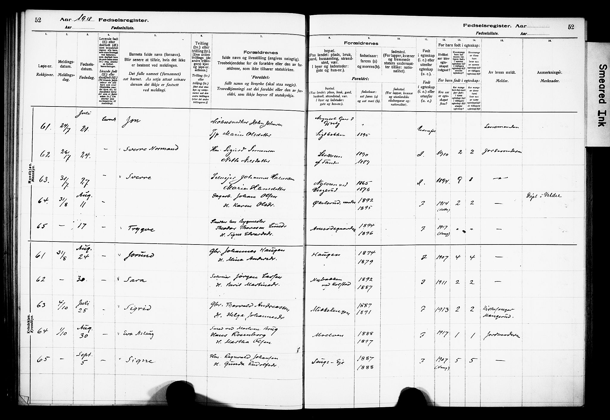 Ringsaker prestekontor, AV/SAH-PREST-014/O/Oa/L0001: Fødselsregister nr. 1, 1916-1925, s. 52