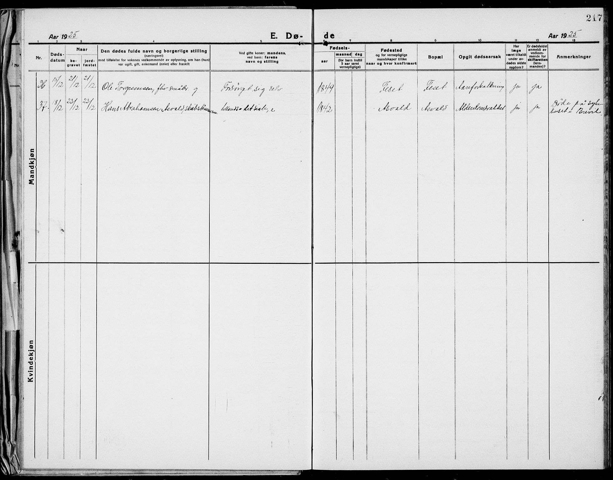 Bamble kirkebøker, AV/SAKO-A-253/G/Ga/L0011: Klokkerbok nr. I 11, 1920-1935, s. 217