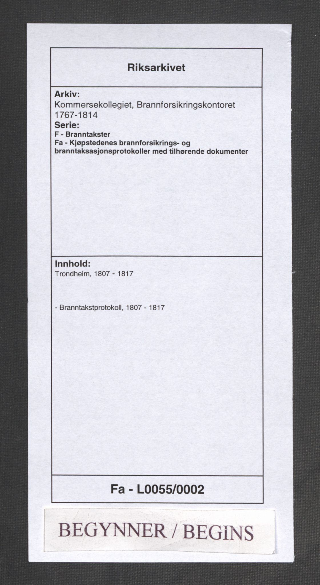 Kommersekollegiet, Brannforsikringskontoret 1767-1814, RA/EA-5458/F/Fa/L0055/0002: Trondheim / Branntakstprotokoll, del B, 1807-1817
