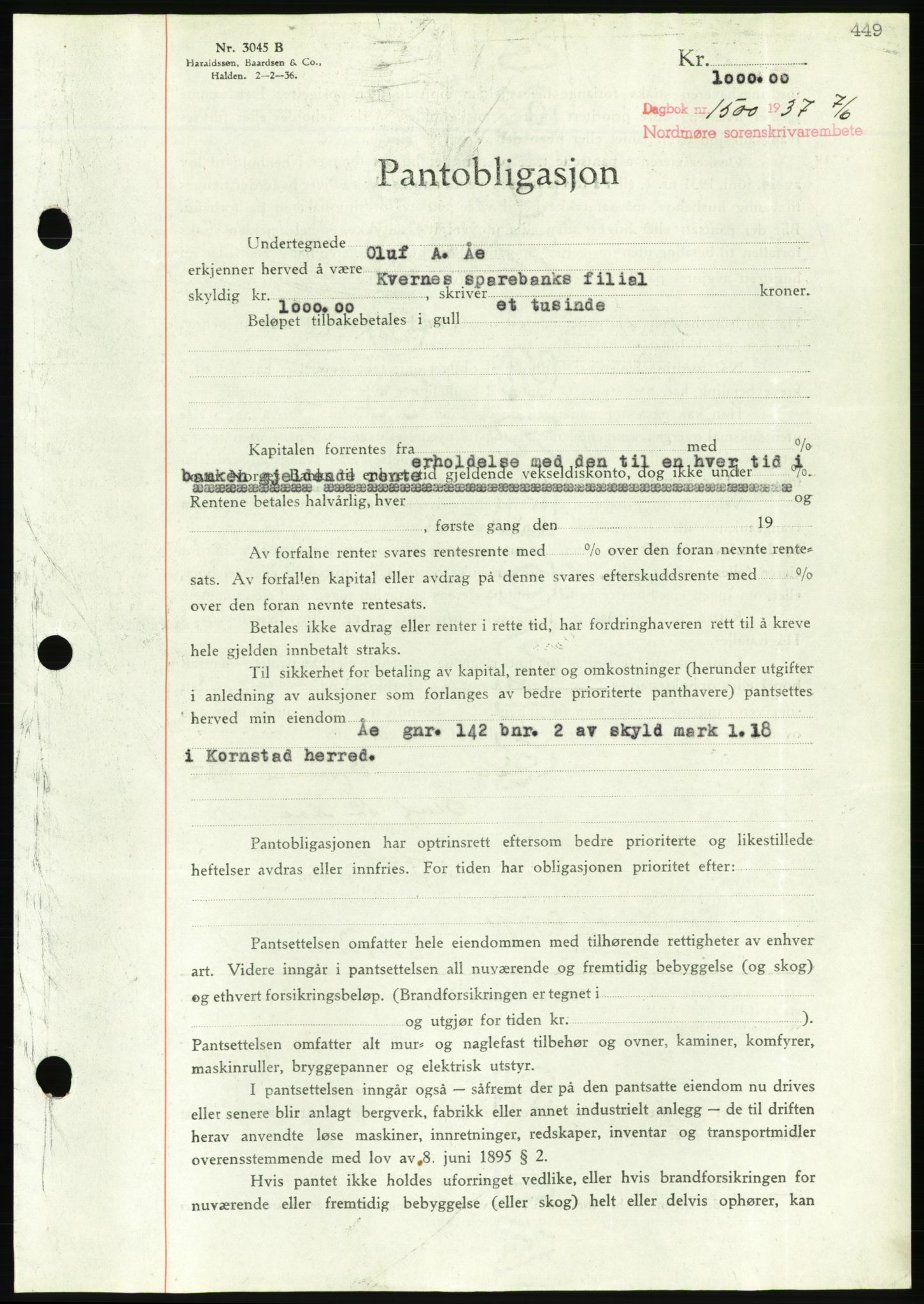 Nordmøre sorenskriveri, AV/SAT-A-4132/1/2/2Ca/L0091: Pantebok nr. B81, 1937-1937, Dagboknr: 1500/1937