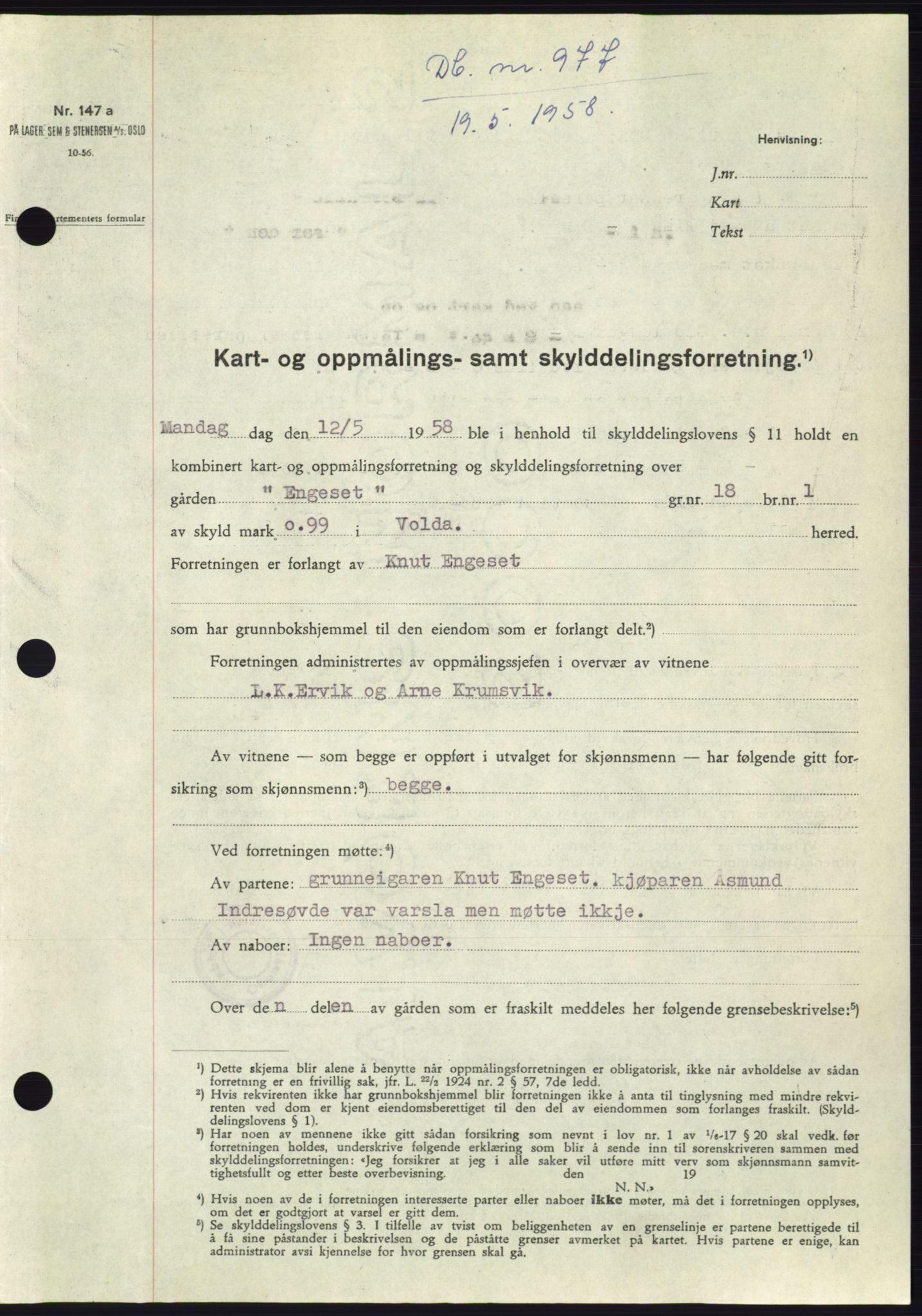 Søre Sunnmøre sorenskriveri, SAT/A-4122/1/2/2C/L0109: Pantebok nr. 35A, 1958-1958, Dagboknr: 977/1958
