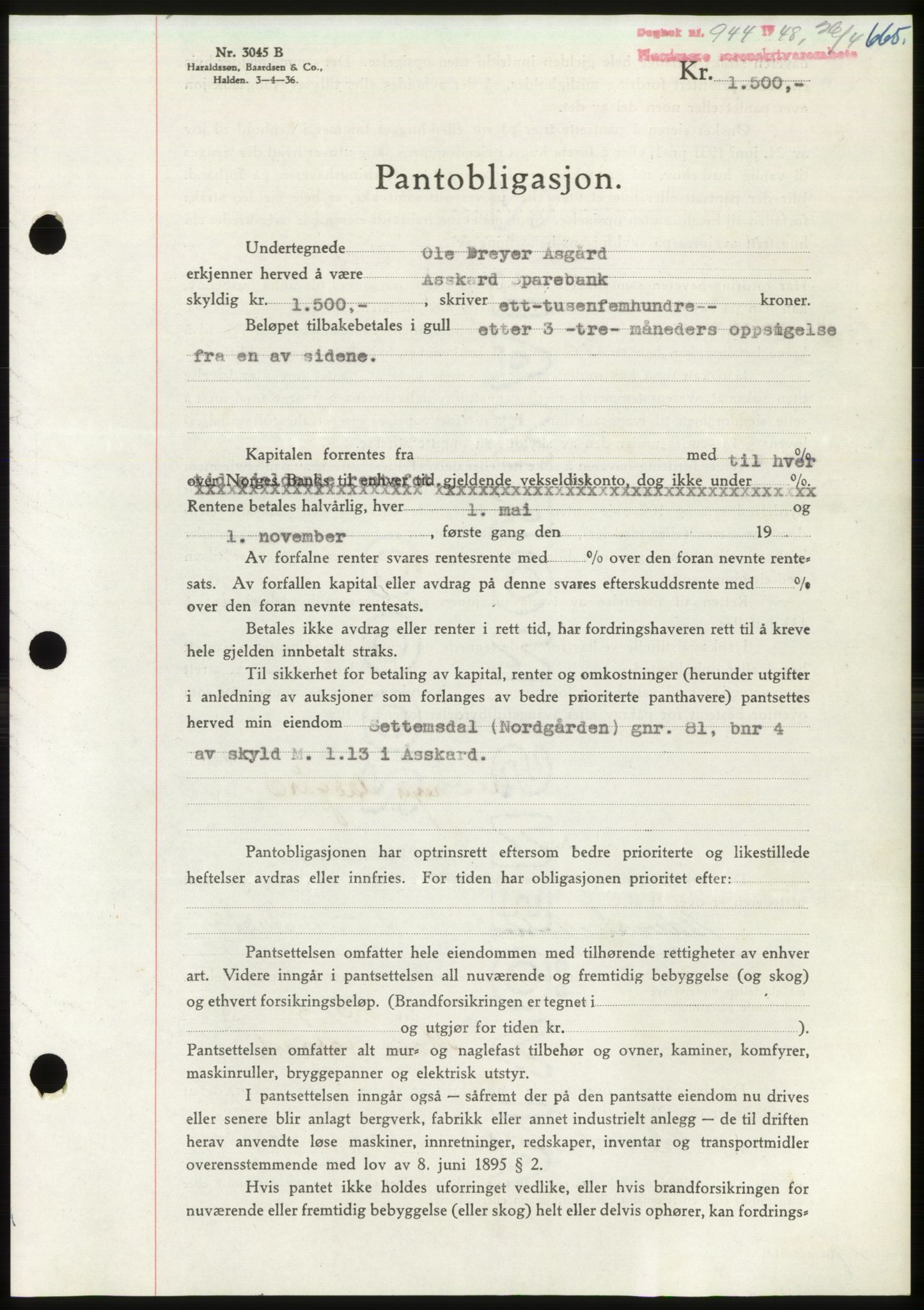 Nordmøre sorenskriveri, SAT/A-4132/1/2/2Ca: Pantebok nr. B98, 1948-1948, Dagboknr: 944/1948