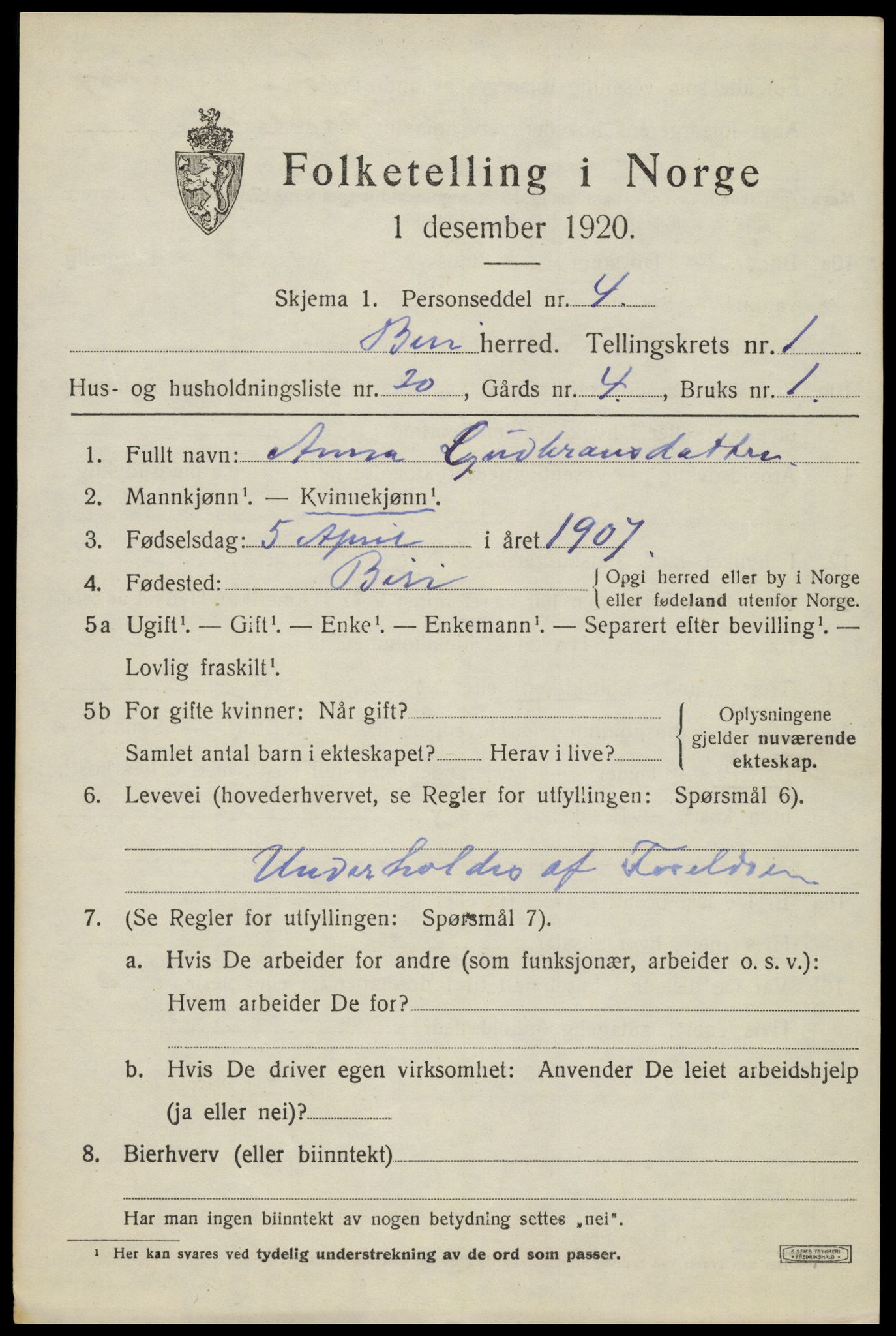 SAH, Folketelling 1920 for 0525 Biri herred, 1920, s. 1353