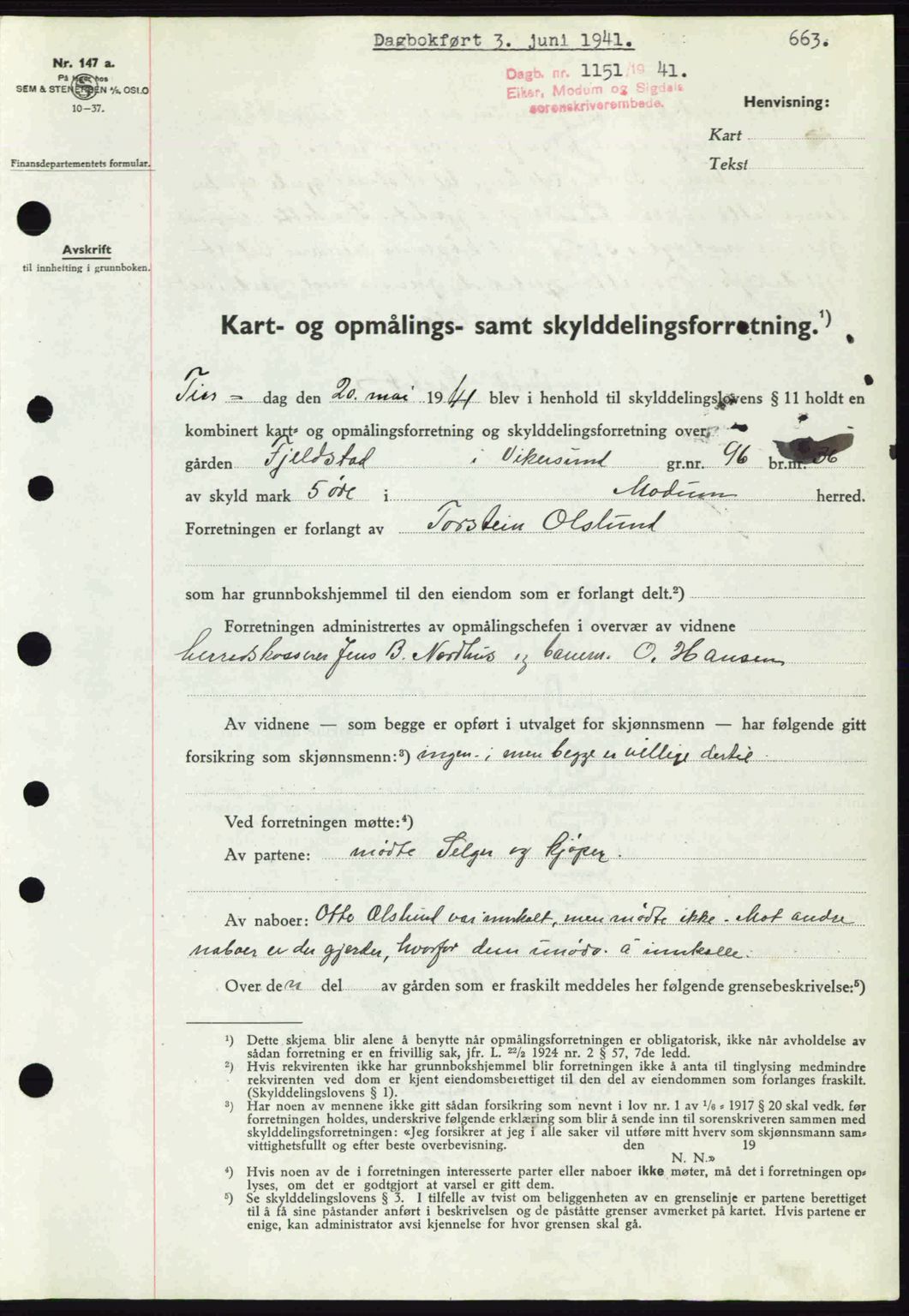 Eiker, Modum og Sigdal sorenskriveri, SAKO/A-123/G/Ga/Gab/L0043: Pantebok nr. A13, 1940-1941, Dagboknr: 1151/1941