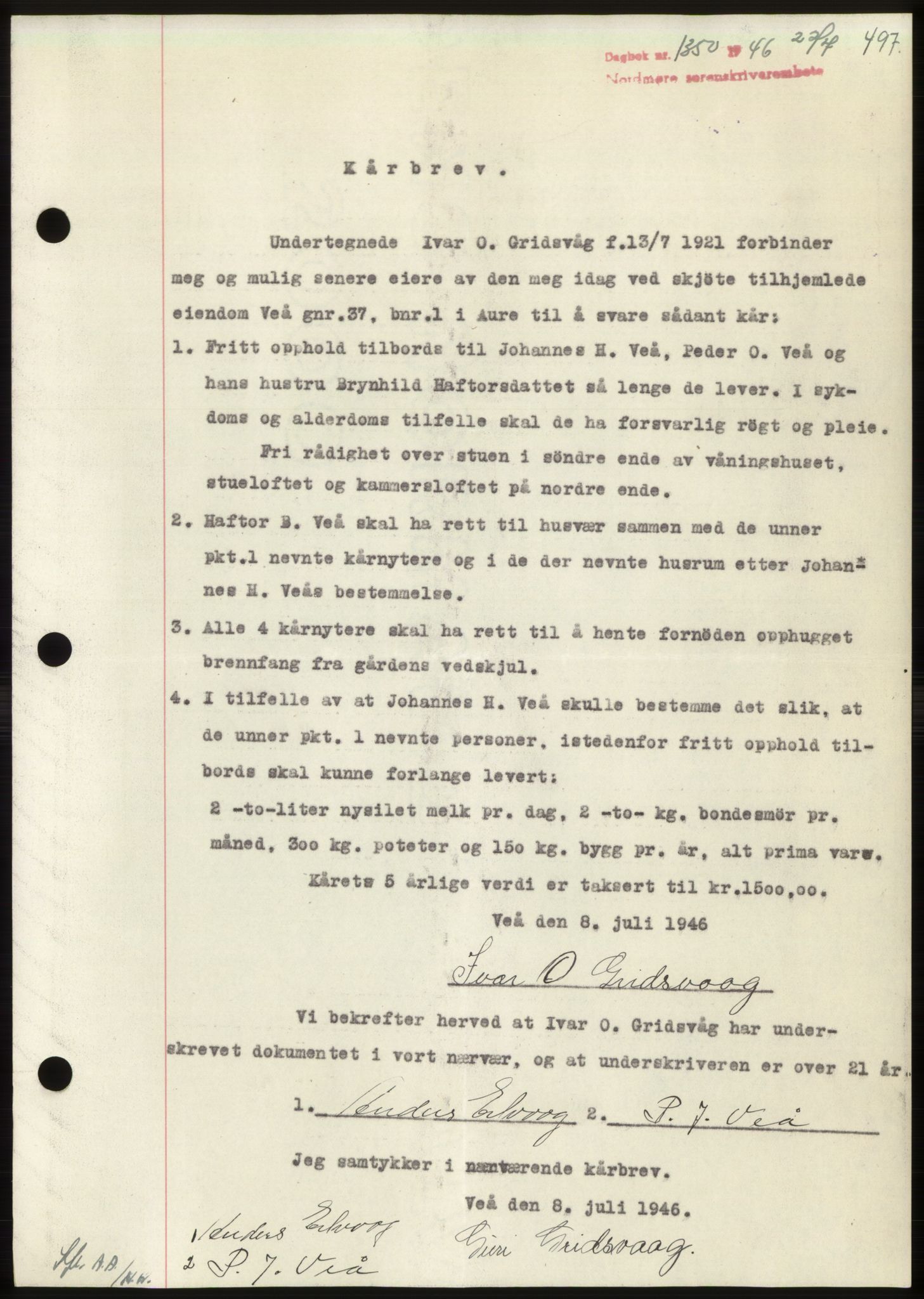 Nordmøre sorenskriveri, SAT/A-4132/1/2/2Ca: Pantebok nr. B94, 1946-1946, Dagboknr: 1350/1946