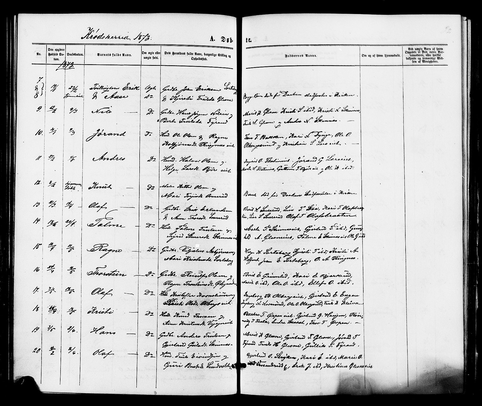 Sigdal kirkebøker, AV/SAKO-A-245/F/Fa/L0010: Ministerialbok nr. I 10 /2, 1872-1878, s. 92
