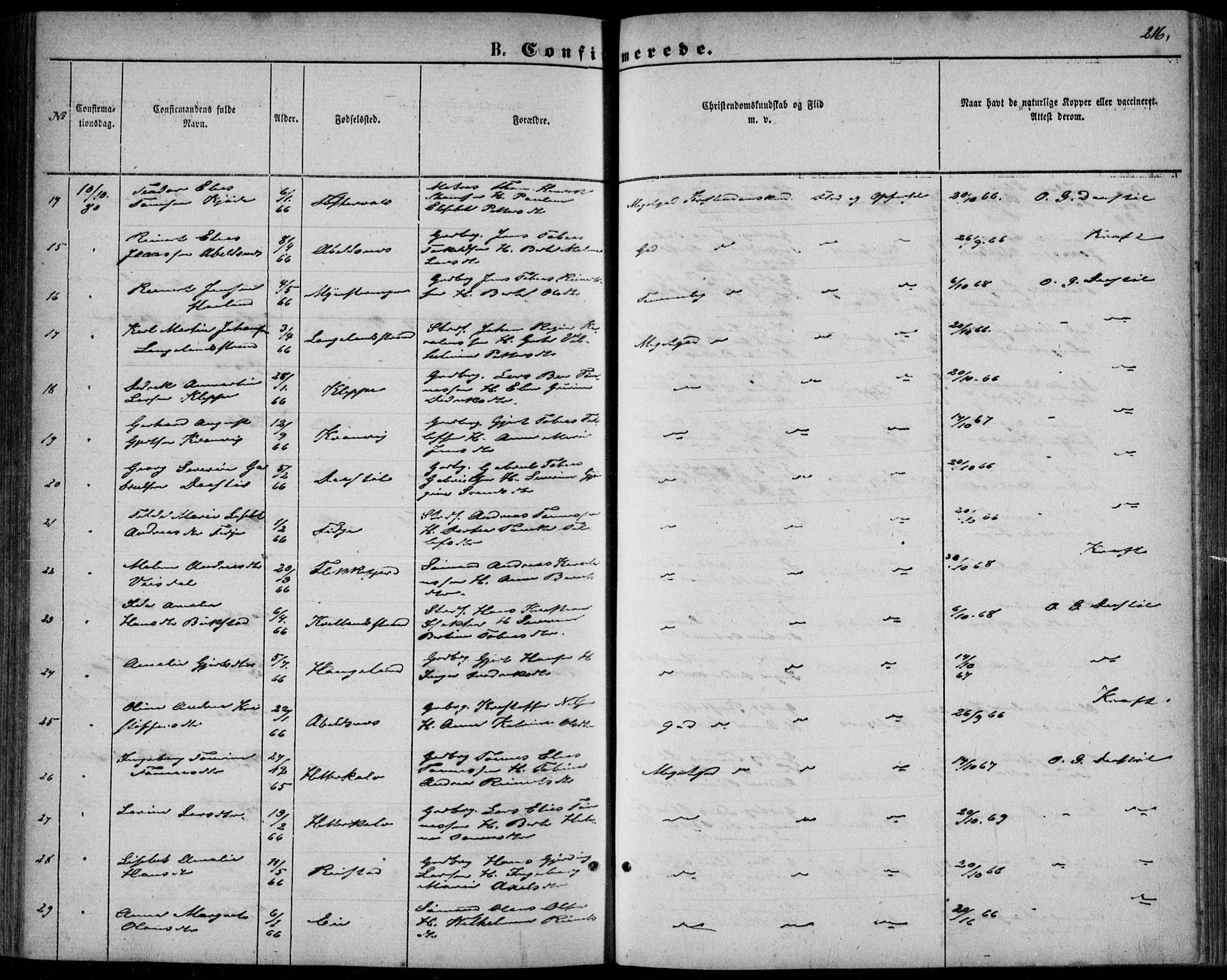 Flekkefjord sokneprestkontor, AV/SAK-1111-0012/F/Fb/Fbb/L0003: Klokkerbok nr. B 3, 1867-1889, s. 216