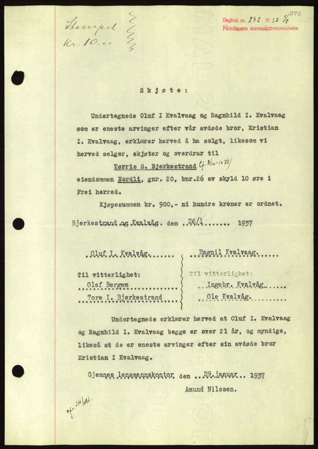 Nordmøre sorenskriveri, SAT/A-4132/1/2/2Ca: Pantebok nr. A80, 1936-1937, Dagboknr: 292/1937