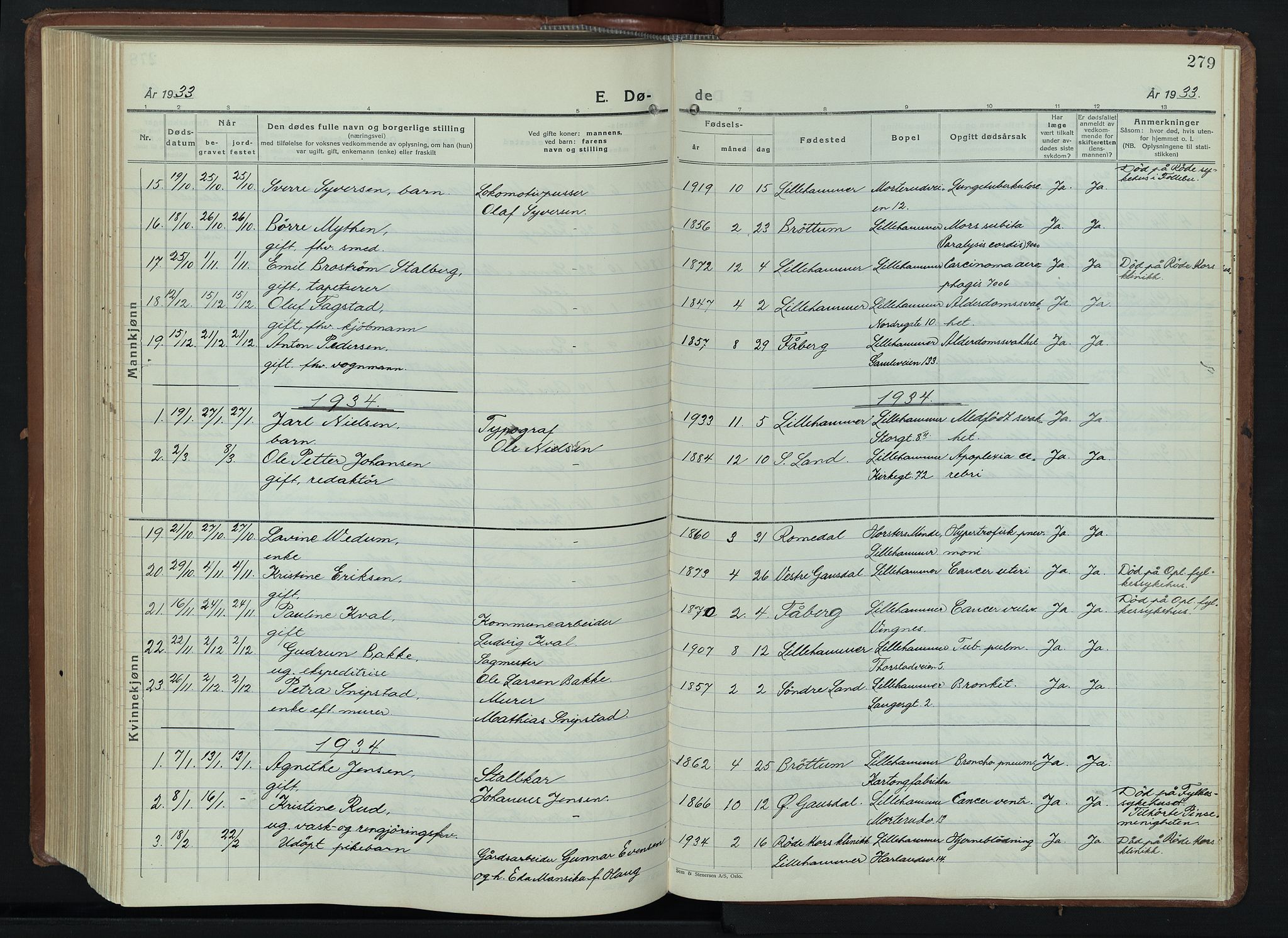 Lillehammer prestekontor, AV/SAH-PREST-088/H/Ha/Hab/L0003: Klokkerbok nr. 3, 1927-1943, s. 279