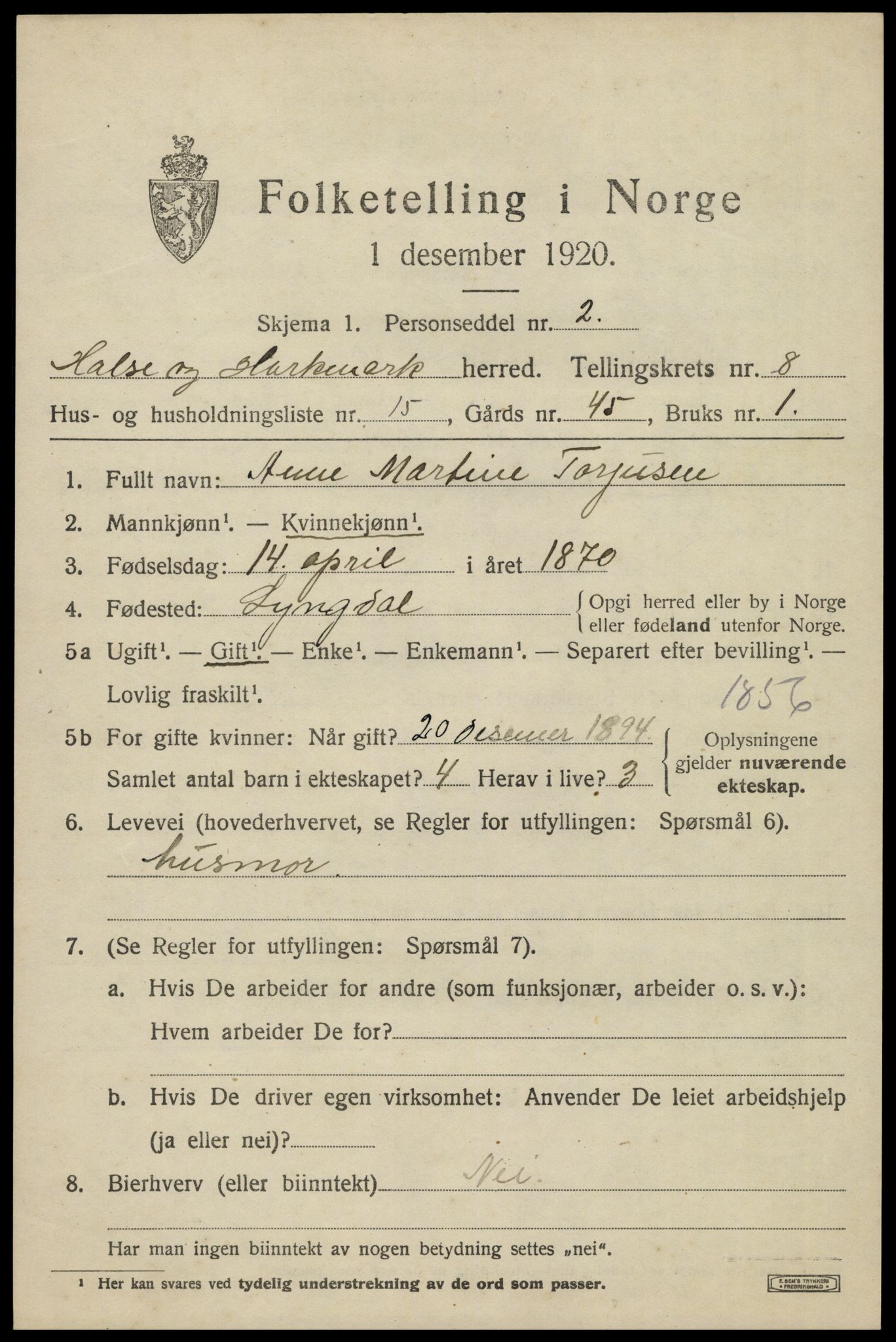 SAK, Folketelling 1920 for 1019 Halse og Harkmark herred, 1920, s. 4453