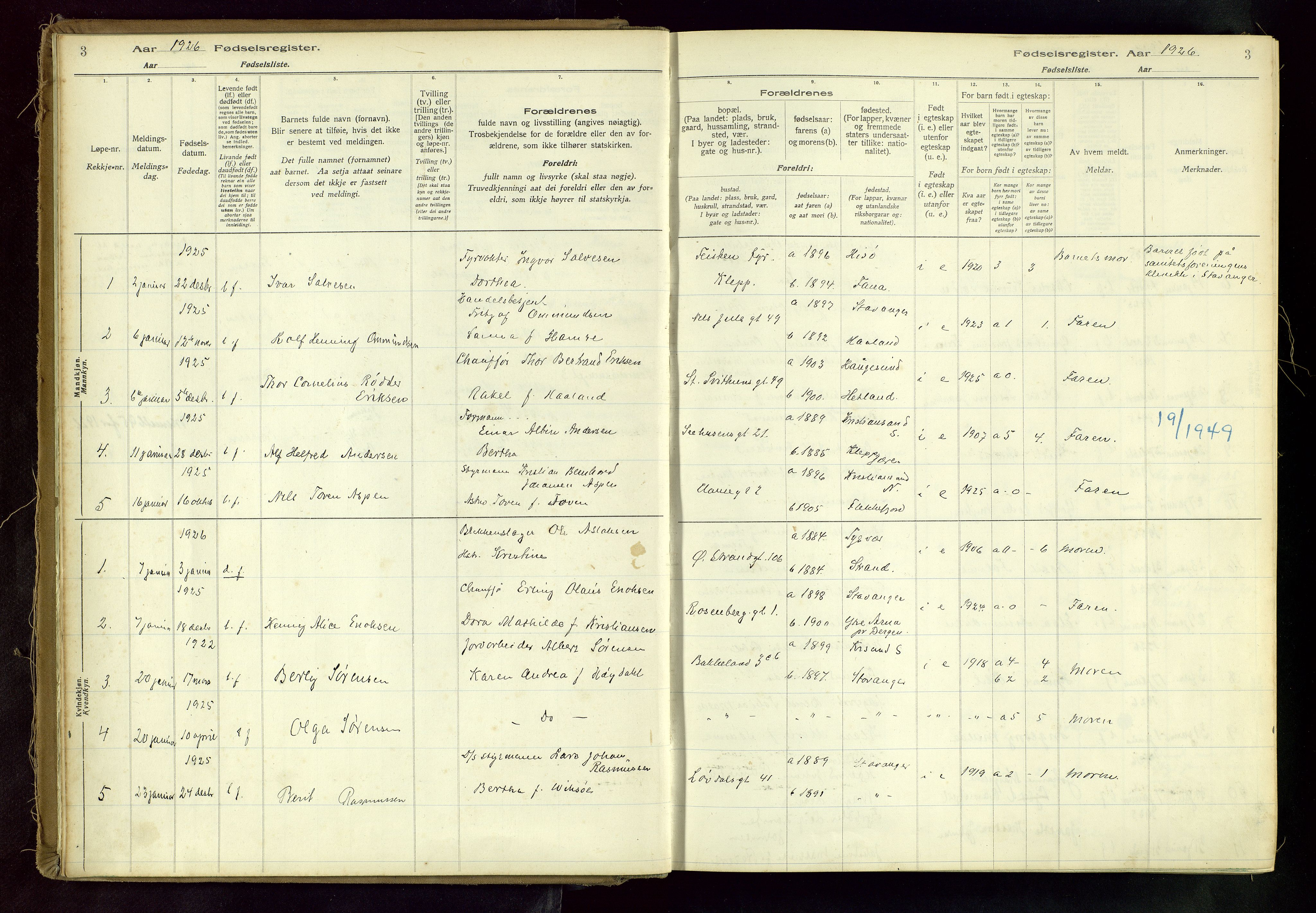 Domkirken sokneprestkontor, SAST/A-101812/002/A/L0001: Fødselsregister nr. 1, 1925-1932, s. 3