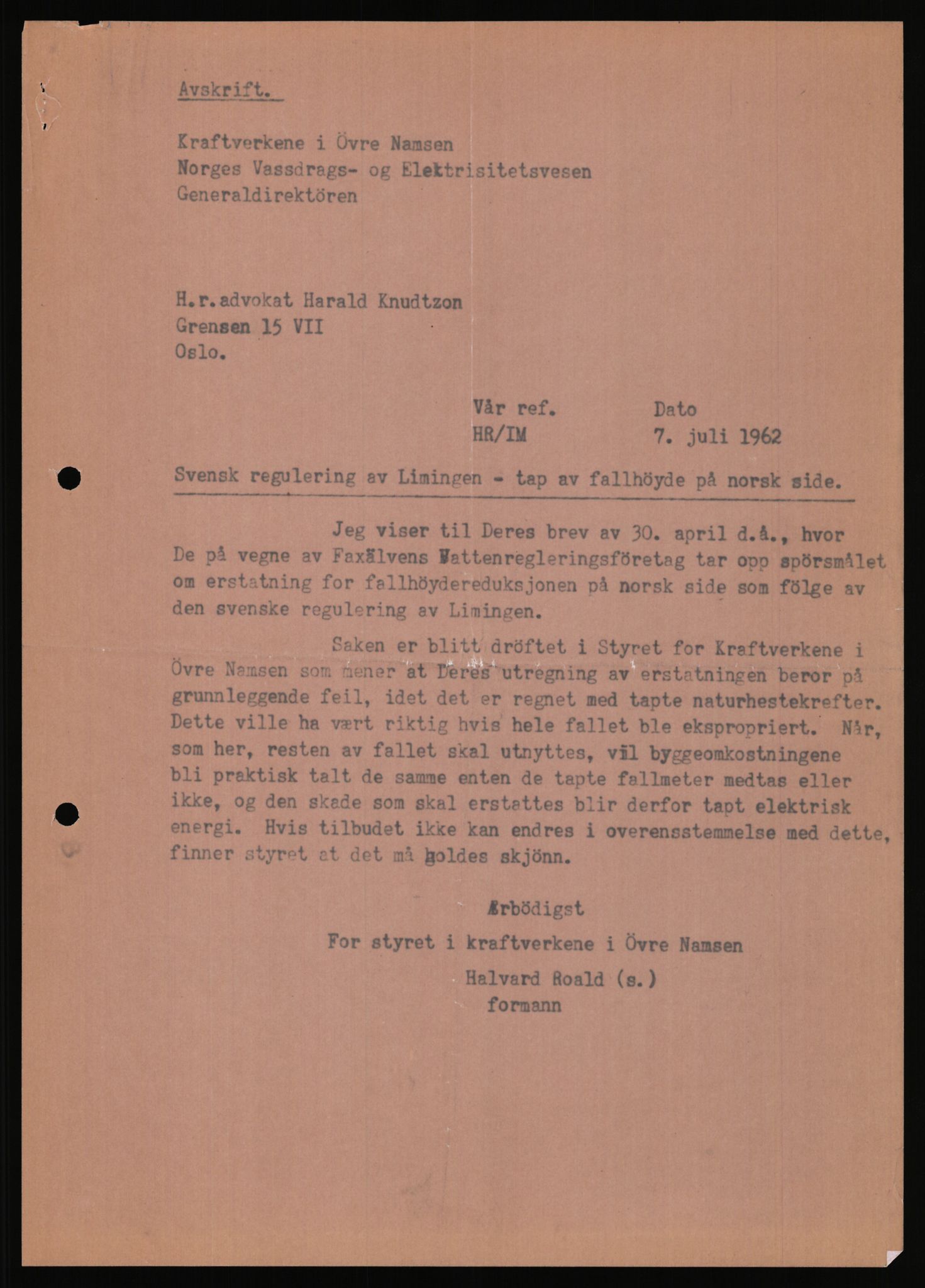 Vassdragsdirektoratet/avdelingen, AV/RA-S-6242/F/Fa/L0571/0003: Limingen / Utbygging av Linnvasselva – Brännälven 1953, med nokre få dokument frå 1963 , 1953-1963, s. 9