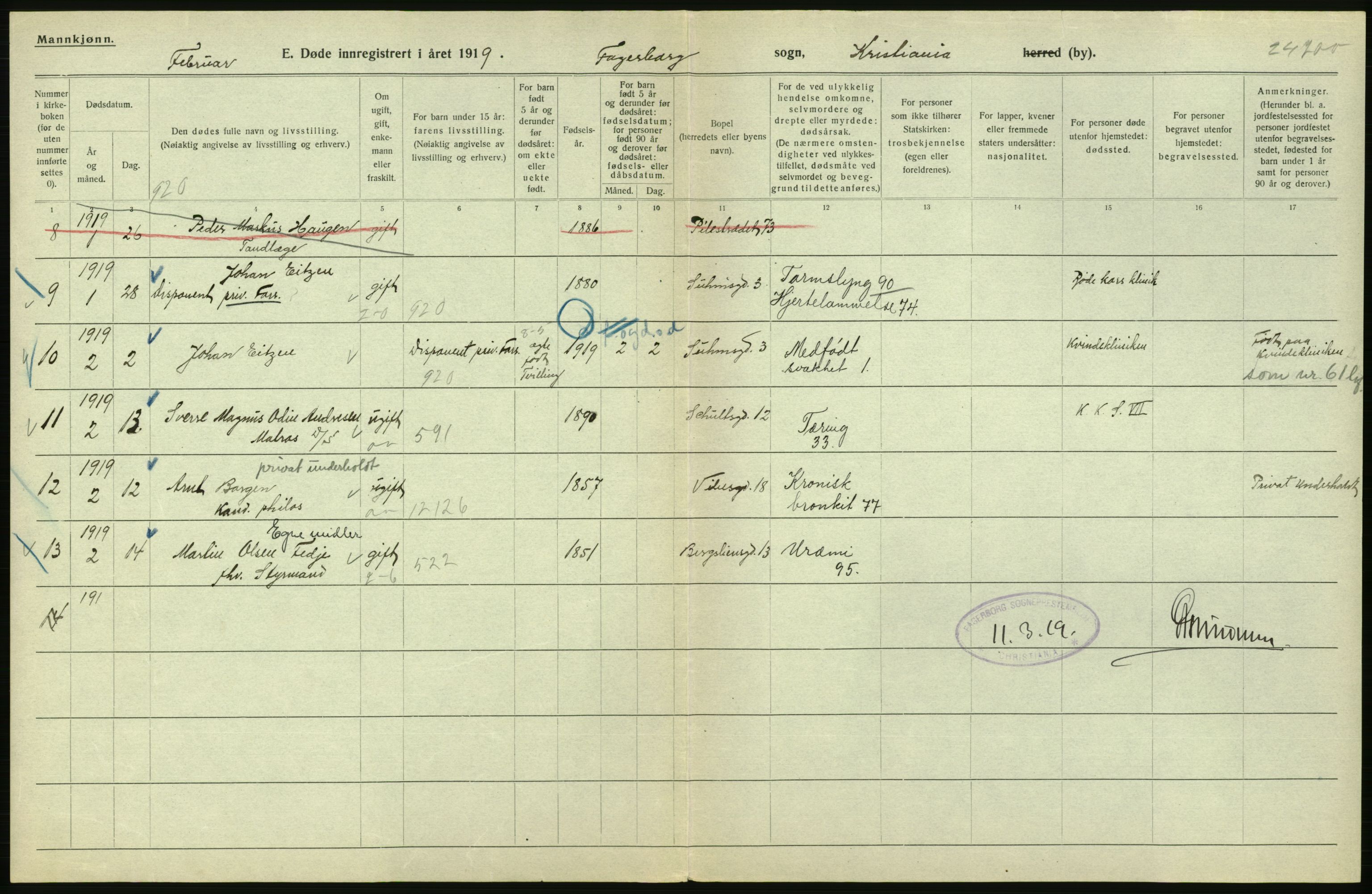 Statistisk sentralbyrå, Sosiodemografiske emner, Befolkning, AV/RA-S-2228/D/Df/Dfb/Dfbi/L0011: Kristiania: Døde, dødfødte, 1919