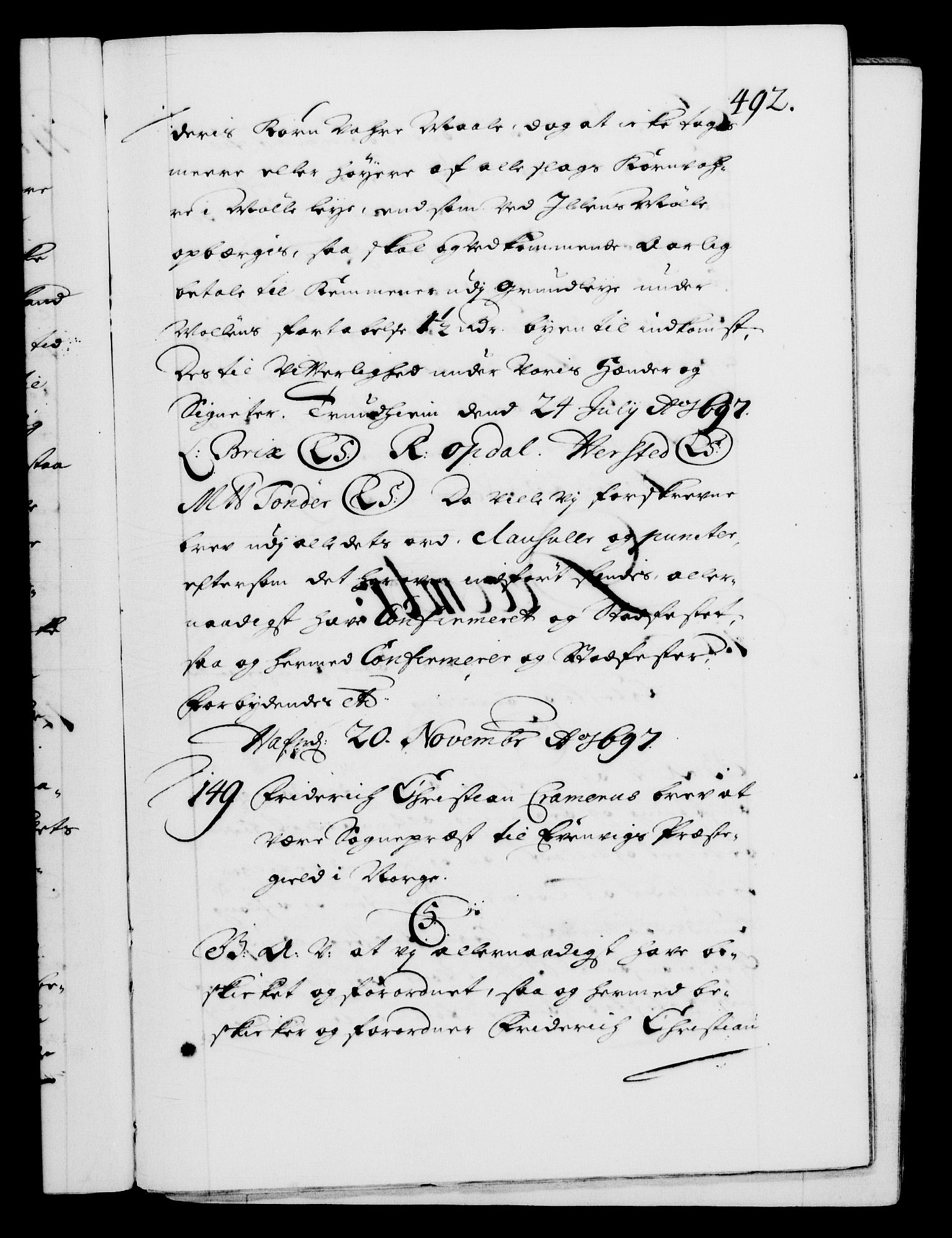Danske Kanselli 1572-1799, RA/EA-3023/F/Fc/Fca/Fcaa/L0016: Norske registre (mikrofilm), 1692-1697, s. 492a