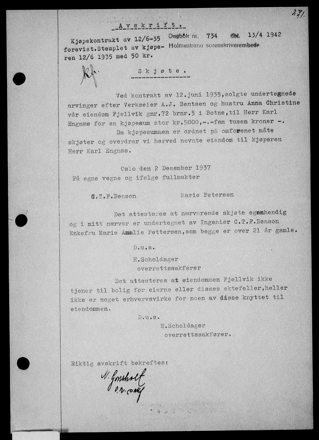 Holmestrand sorenskriveri, SAKO/A-67/G/Ga/Gaa/L0055: Pantebok nr. A-55, 1942-1942, Dagboknr: 734/1942
