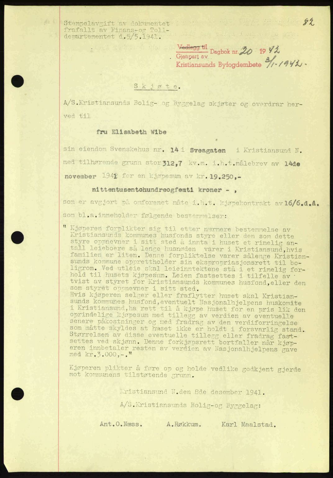 Kristiansund byfogd, AV/SAT-A-4587/A/27: Pantebok nr. 34, 1941-1945, Dagboknr: 20/1942