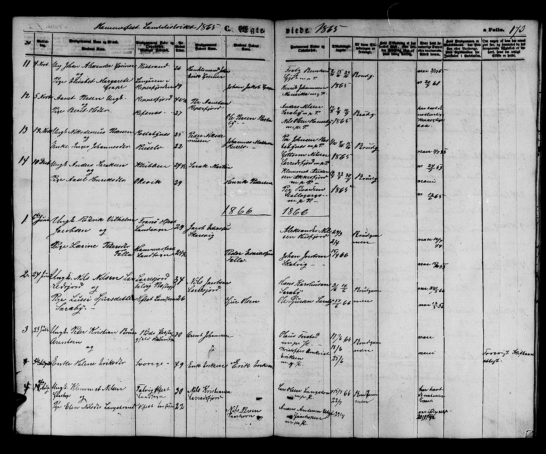 Hammerfest sokneprestkontor, AV/SATØ-S-1347/H/Hb/L0003.klokk: Klokkerbok nr. 3 /2, 1863-1868, s. 173