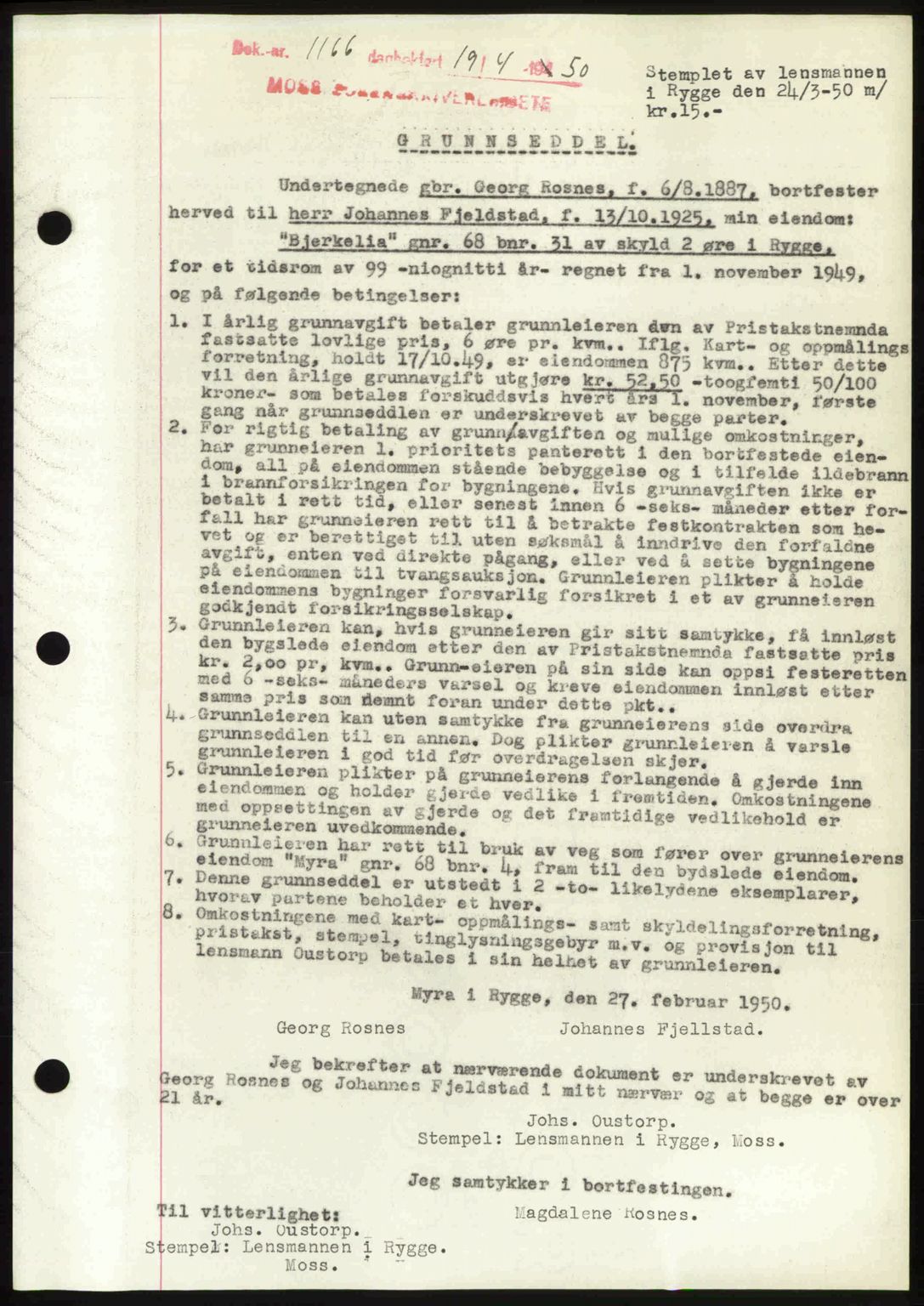 Moss sorenskriveri, SAO/A-10168: Pantebok nr. A25, 1950-1950, Dagboknr: 1166/1950
