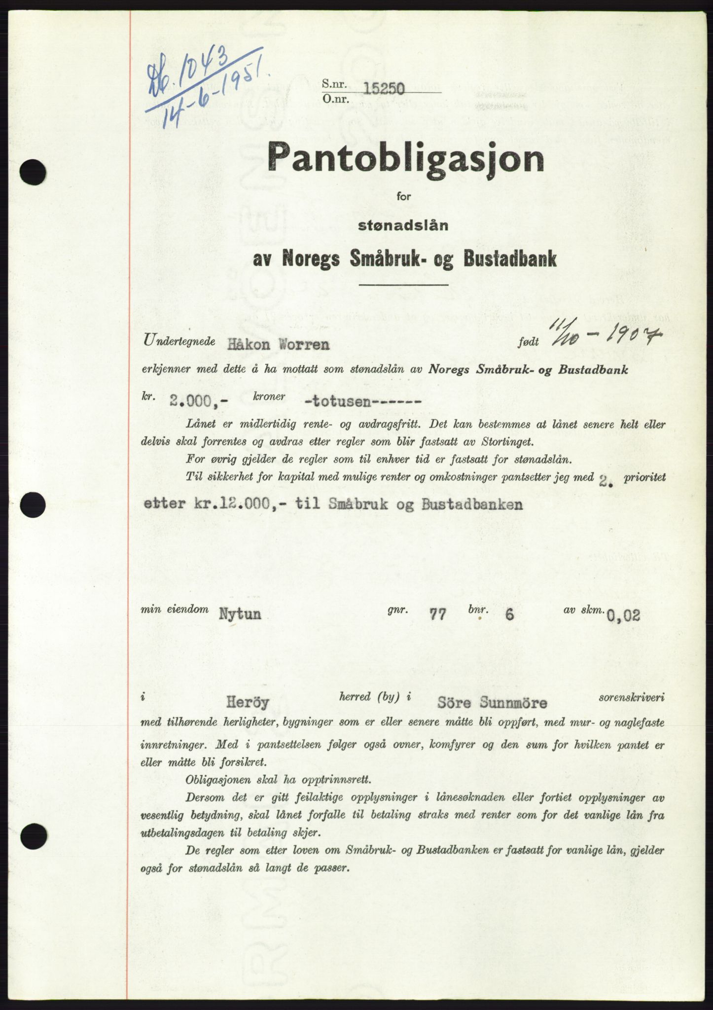 Søre Sunnmøre sorenskriveri, SAT/A-4122/1/2/2C/L0120: Pantebok nr. 8B, 1951-1951, Dagboknr: 1043/1951