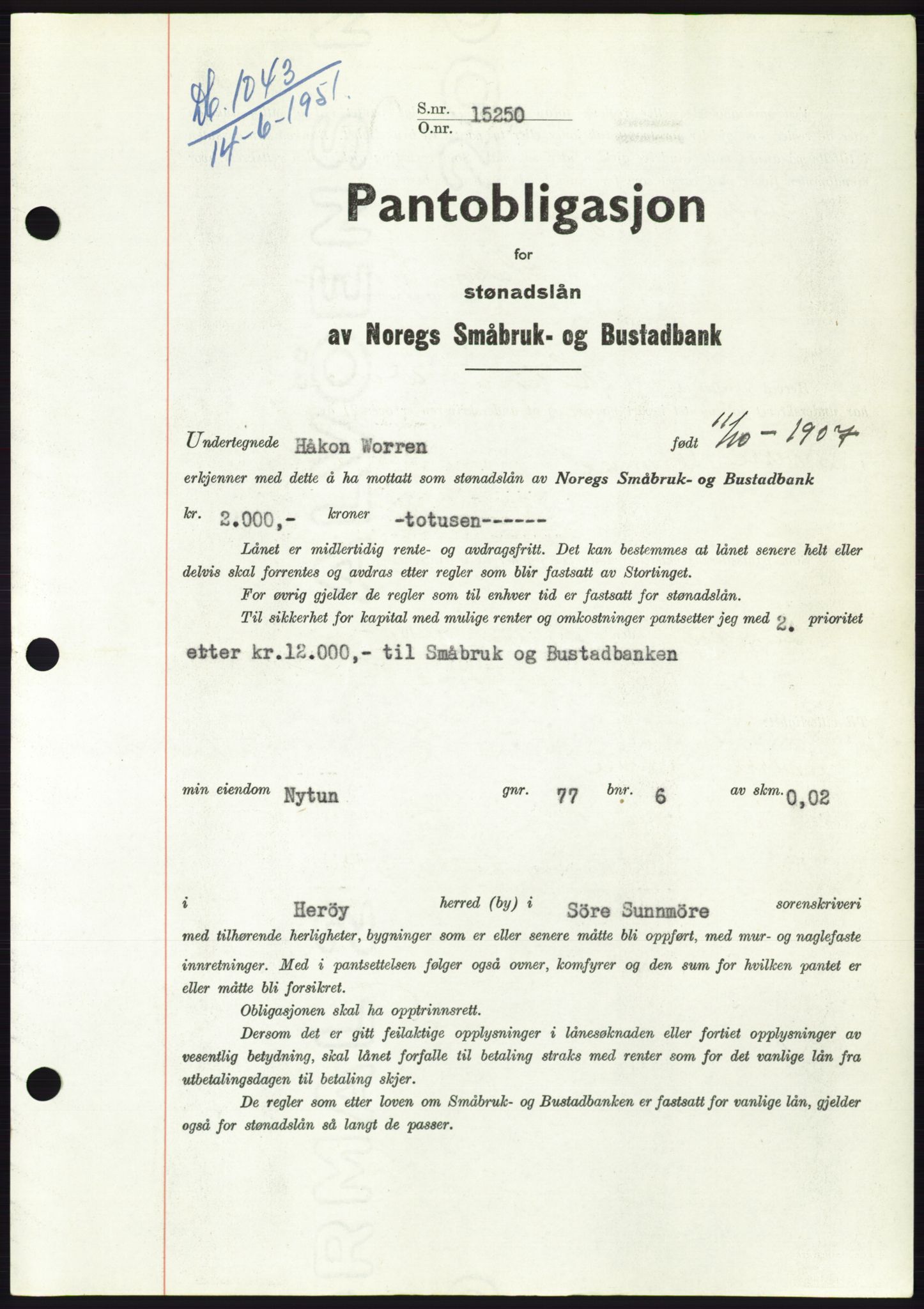 Søre Sunnmøre sorenskriveri, AV/SAT-A-4122/1/2/2C/L0120: Pantebok nr. 8B, 1951-1951, Dagboknr: 1043/1951