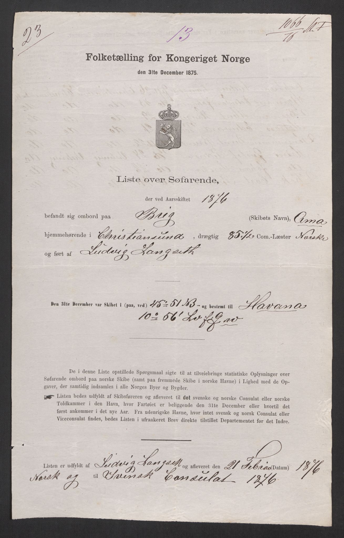 RA, Folketelling 1875, skipslister: Skip i utenrikske havner, hjemmehørende i 1) byer og ladesteder, Grimstad - Tromsø, 2) landdistrikter, 1875, s. 1058