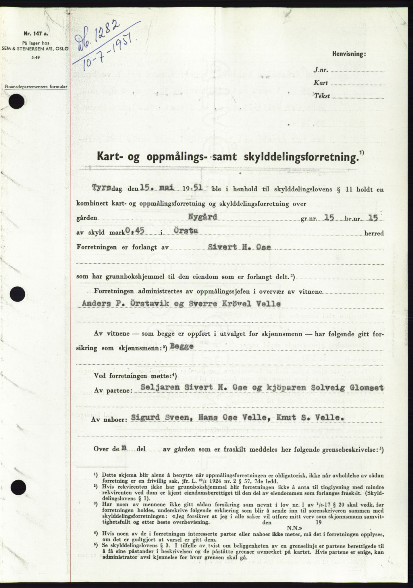 Søre Sunnmøre sorenskriveri, SAT/A-4122/1/2/2C/L0089: Pantebok nr. 15A, 1951-1951, Dagboknr: 1282/1951