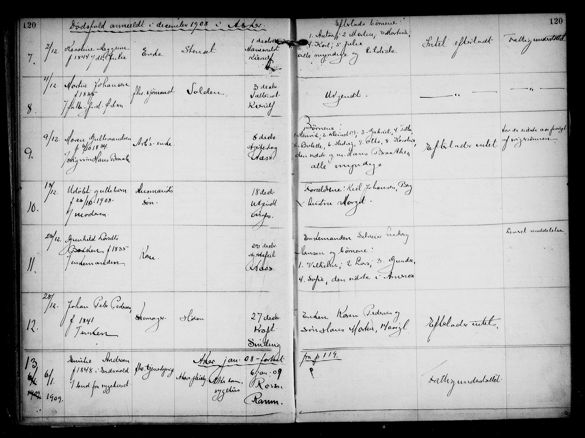 Aker kriminaldommer, skifte- og auksjonsforvalterembete, AV/SAO-A-10452/H/Hb/Hba/Hbaa/L0002: Dødsfallsprotokoll, 1907-1912, s. 120