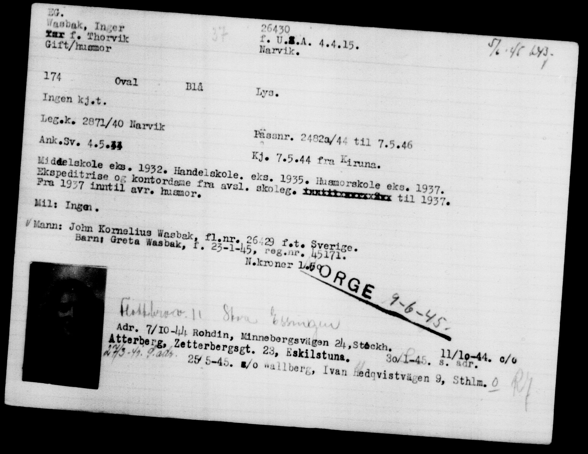 Utenriksstasjonene, Legasjonen i Stockholm, Flyktningkontoret, AV/RA-S-6753/V/Va/L0011: Kjesäterkartoteket, flyktninger med registreringsnr. 25300-28349, 1940-1945, s. 1190