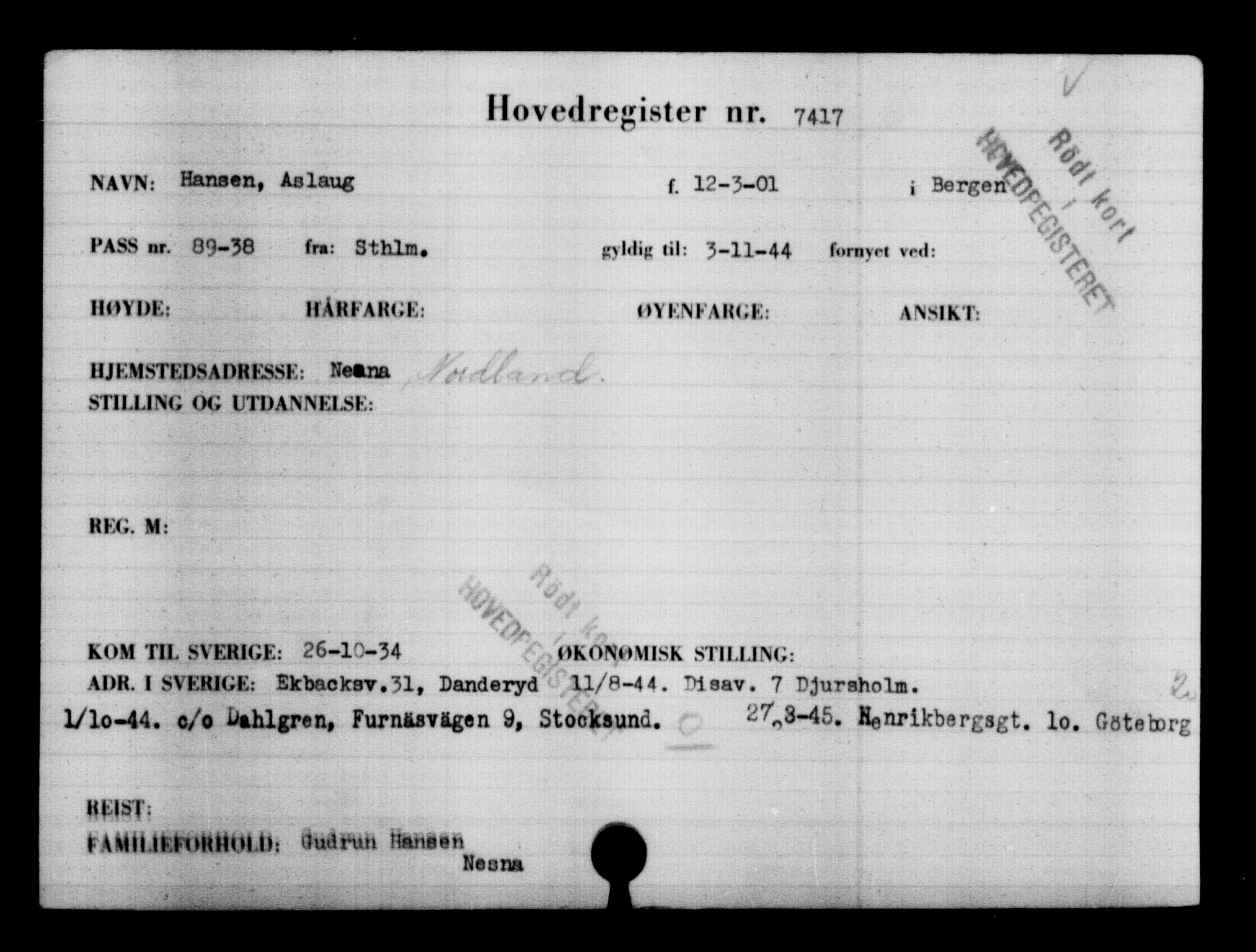 Utenriksstasjonene, Legasjonen i Stockholm, Flyktningkontoret, AV/RA-S-6753/V/Va/L0005: Kjesäterkartoteket, flyktning nr. 6600-9417, 1940-1945, s. 959