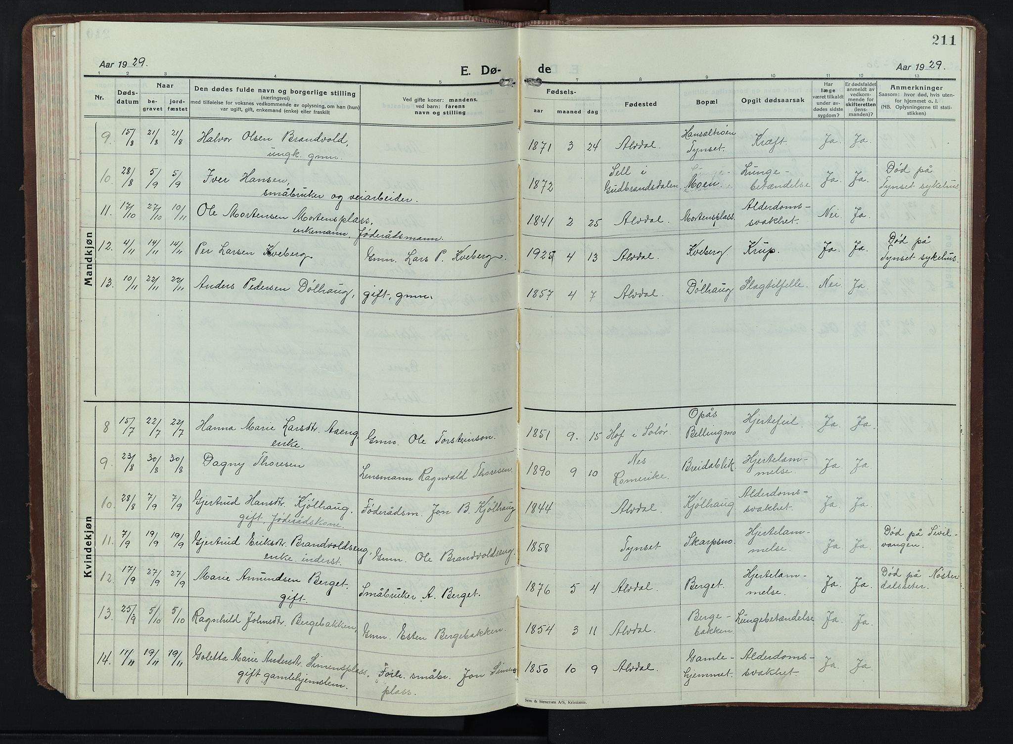 Alvdal prestekontor, AV/SAH-PREST-060/H/Ha/Hab/L0007: Klokkerbok nr. 7, 1924-1945, s. 211