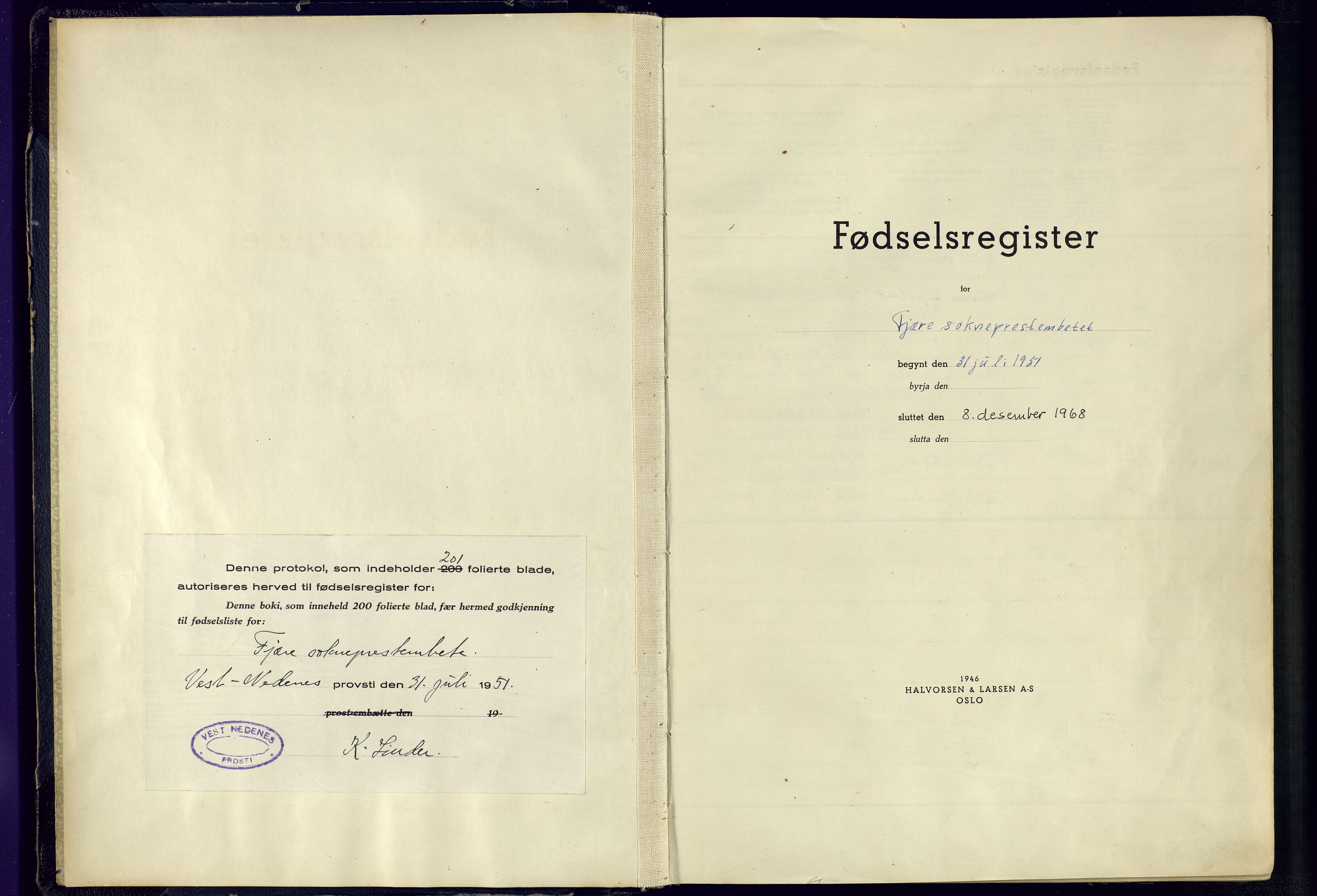 Fjære sokneprestkontor, SAK/1111-0011/J/Jb/L0002: Fødselsregister nr. 2, 1951-1968