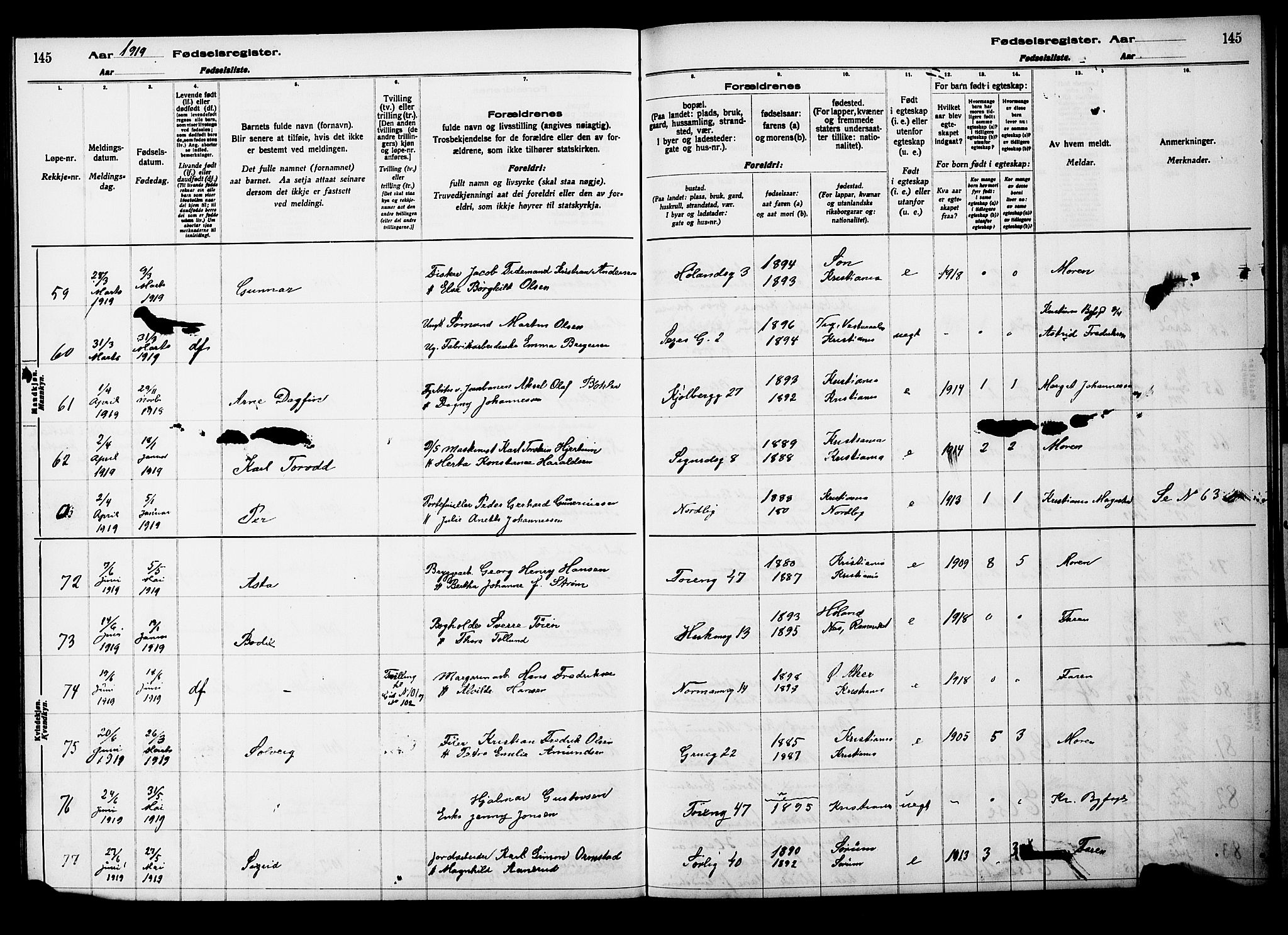 Kampen prestekontor Kirkebøker, AV/SAO-A-10853/J/Ja/L0001: Fødselsregister nr. 1, 1916-1920, s. 145
