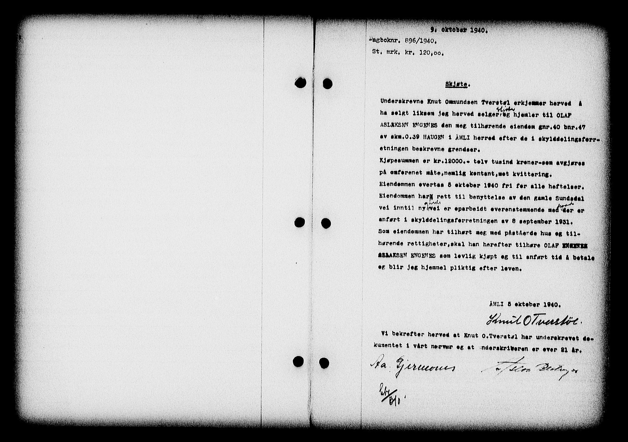 Nedenes sorenskriveri, SAK/1221-0006/G/Gb/Gba/L0047: Pantebok nr. A-I, 1939-1940, Dagboknr: 896/1940