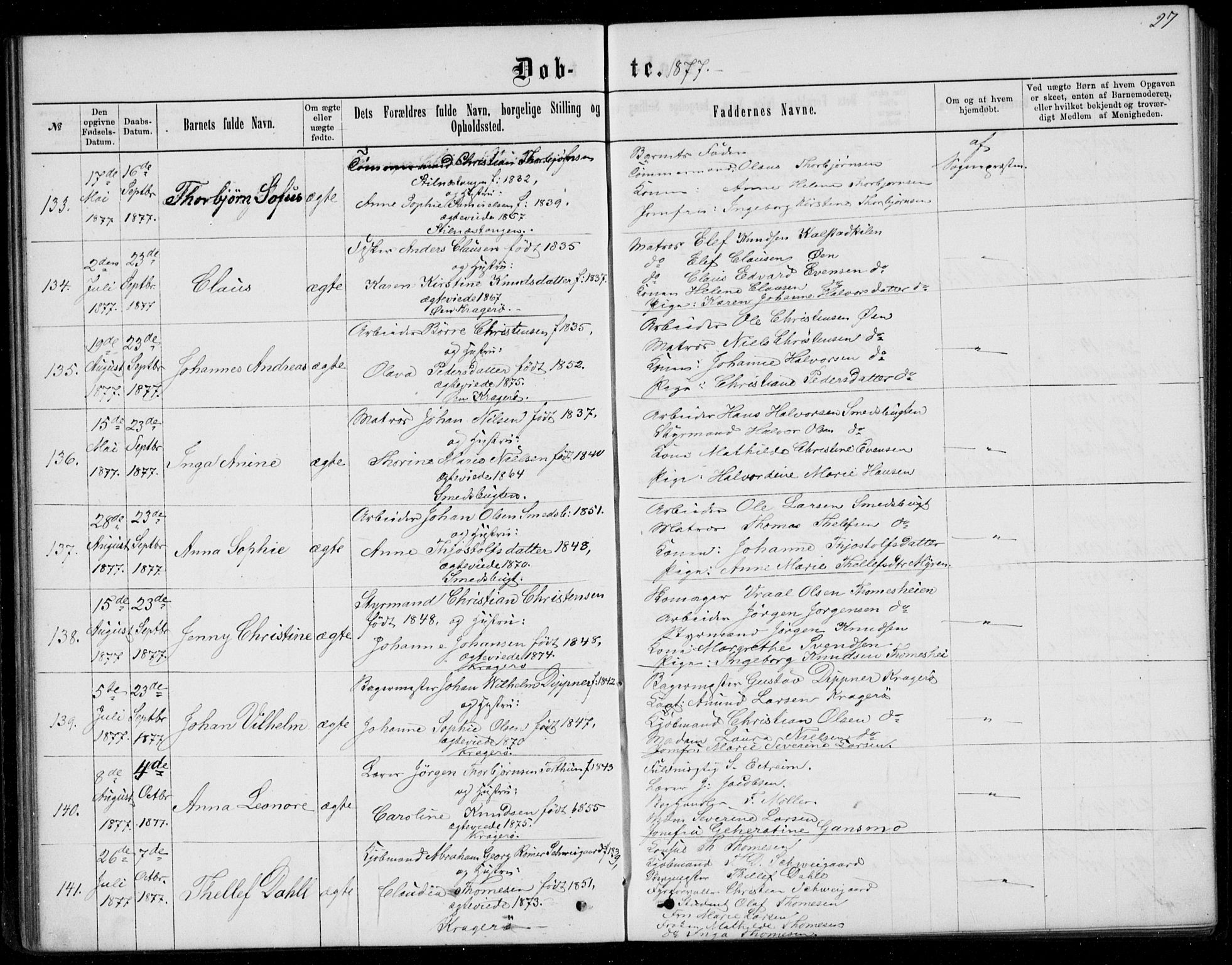Kragerø kirkebøker, AV/SAKO-A-278/G/Ga/L0006: Klokkerbok nr. 6, 1876-1881, s. 27