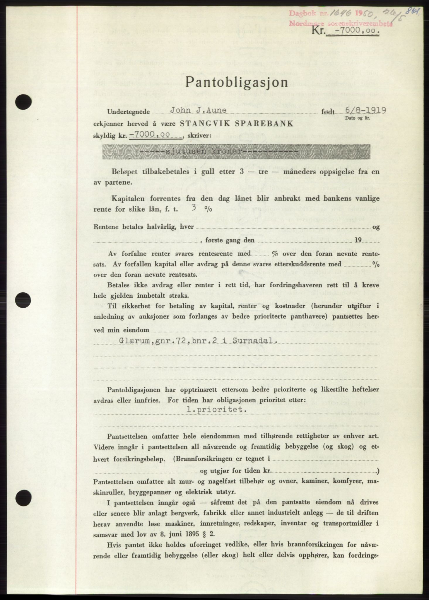 Nordmøre sorenskriveri, SAT/A-4132/1/2/2Ca: Pantebok nr. B104, 1950-1950, Dagboknr: 1646/1950