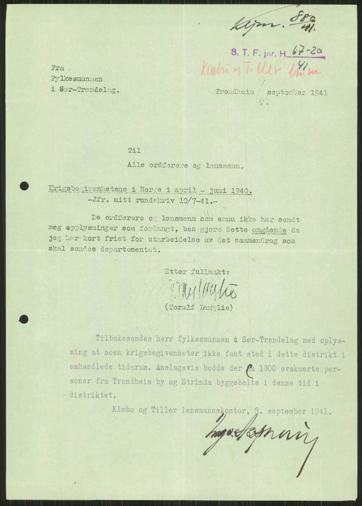 Forsvaret, Forsvarets krigshistoriske avdeling, RA/RAFA-2017/Y/Ya/L0016: II-C-11-31 - Fylkesmenn.  Rapporter om krigsbegivenhetene 1940., 1940, s. 205