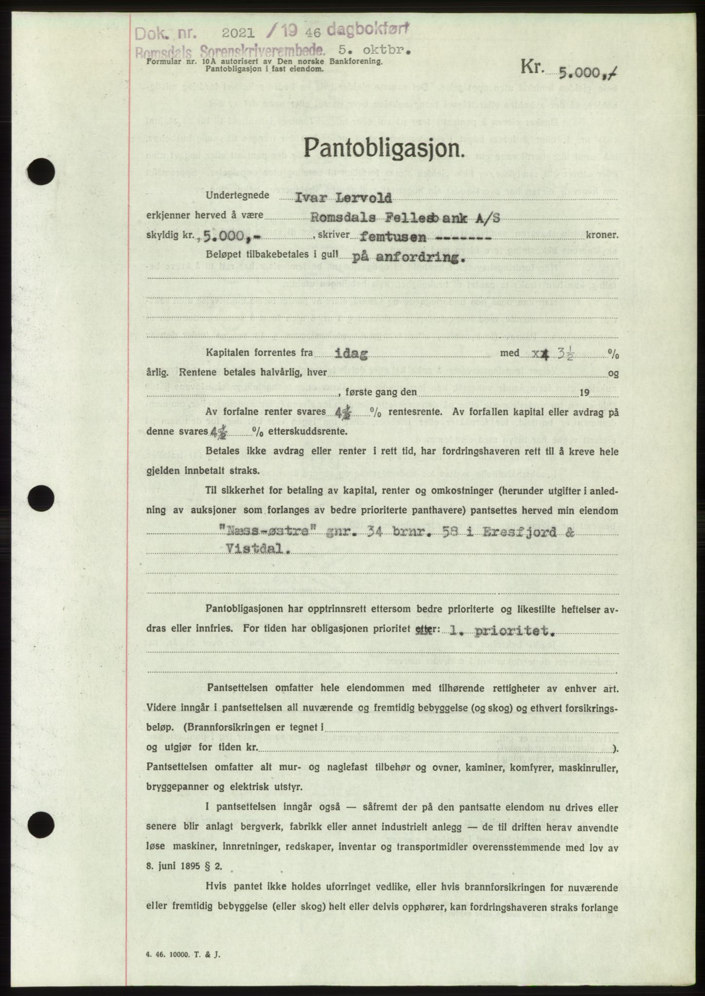 Romsdal sorenskriveri, SAT/A-4149/1/2/2C: Pantebok nr. B3, 1946-1948, Dagboknr: 2021/1946