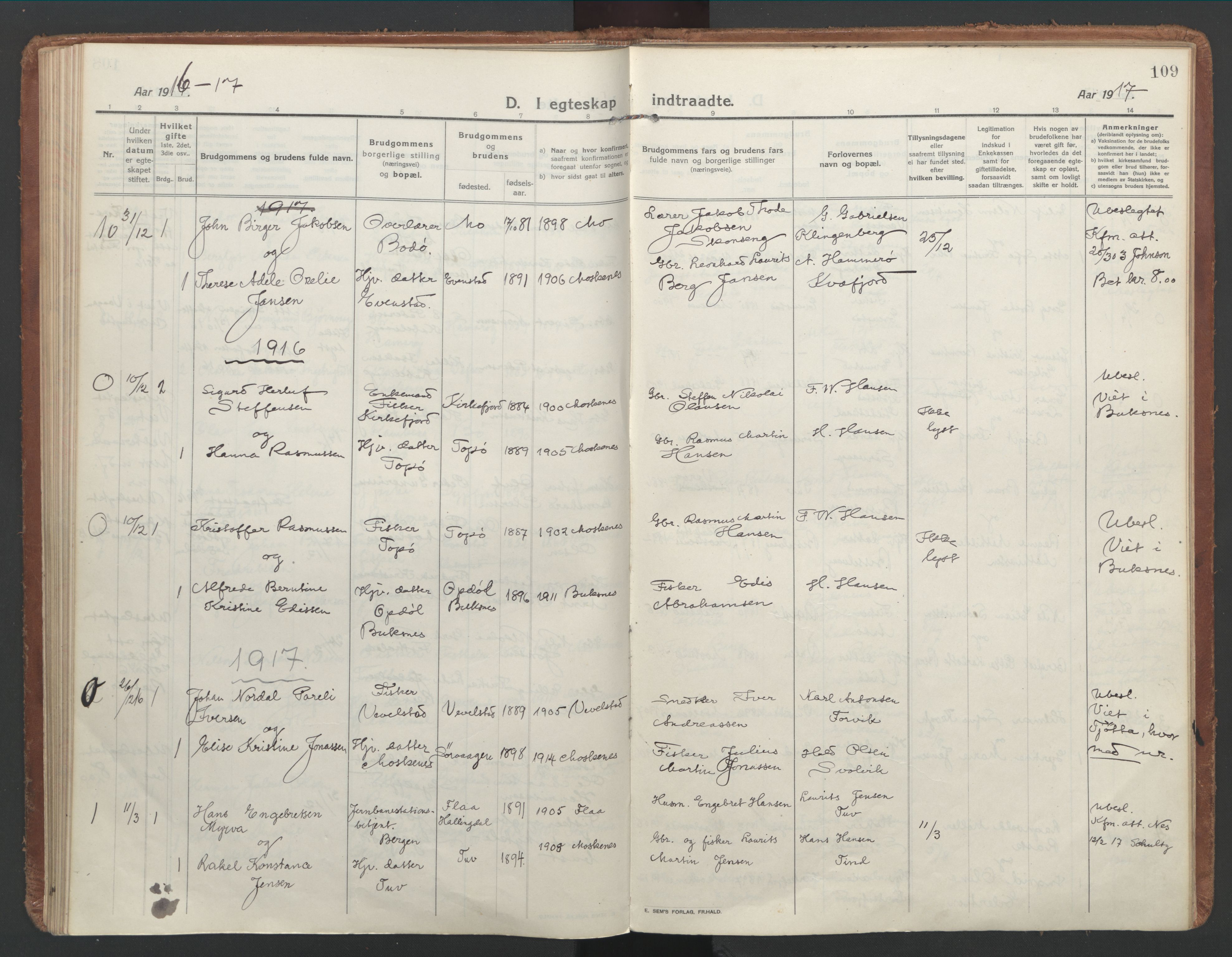 Ministerialprotokoller, klokkerbøker og fødselsregistre - Nordland, AV/SAT-A-1459/886/L1222: Ministerialbok nr. 886A04, 1914-1926, s. 109